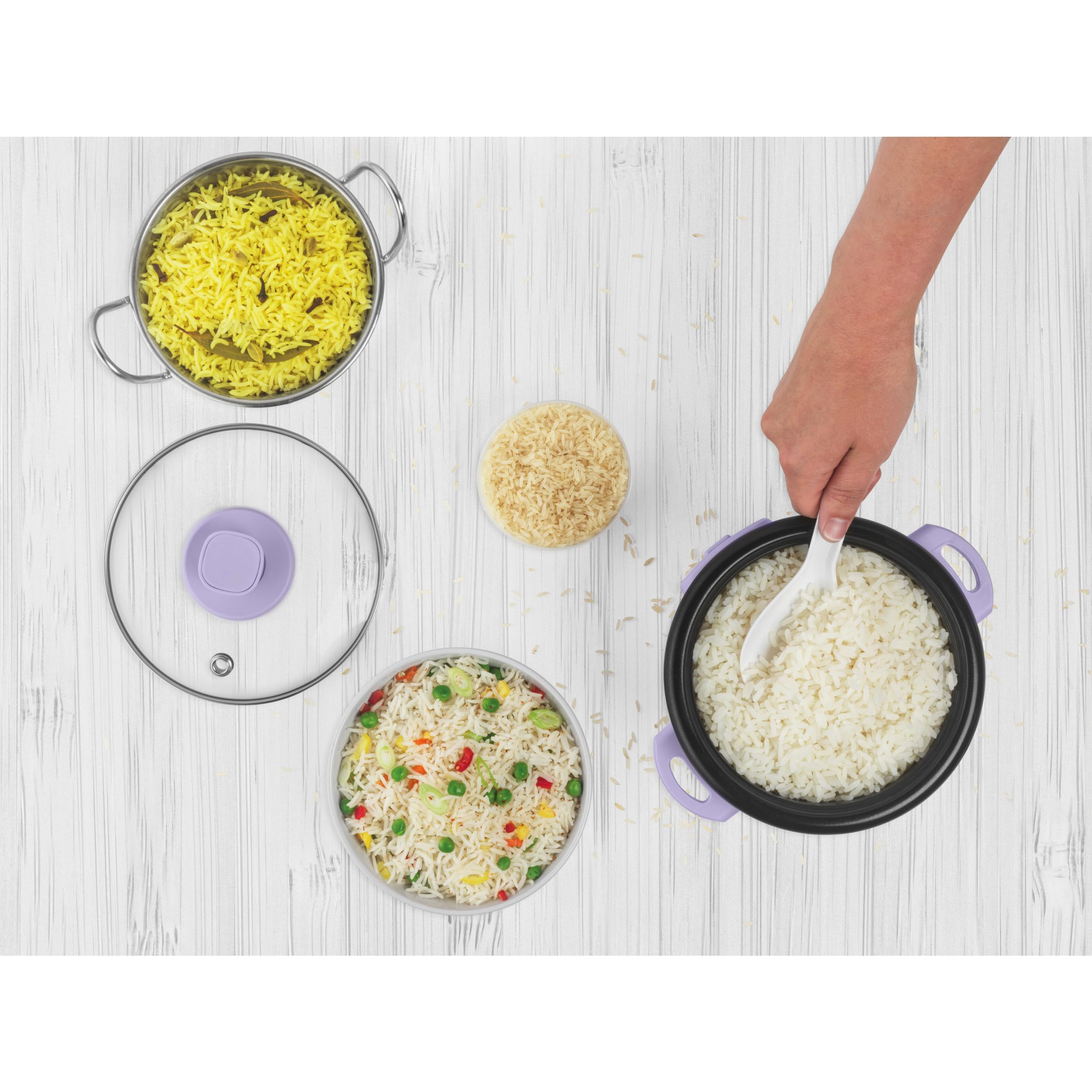 Giles & Posner Sorbet Cuiseur à riz 0,4L – Bol intérieur sans PFAS, couvercle en verre, fonctions cuisson et maintien au chaud, gobelet doseur et cuillère à riz inclus, 250W, violet