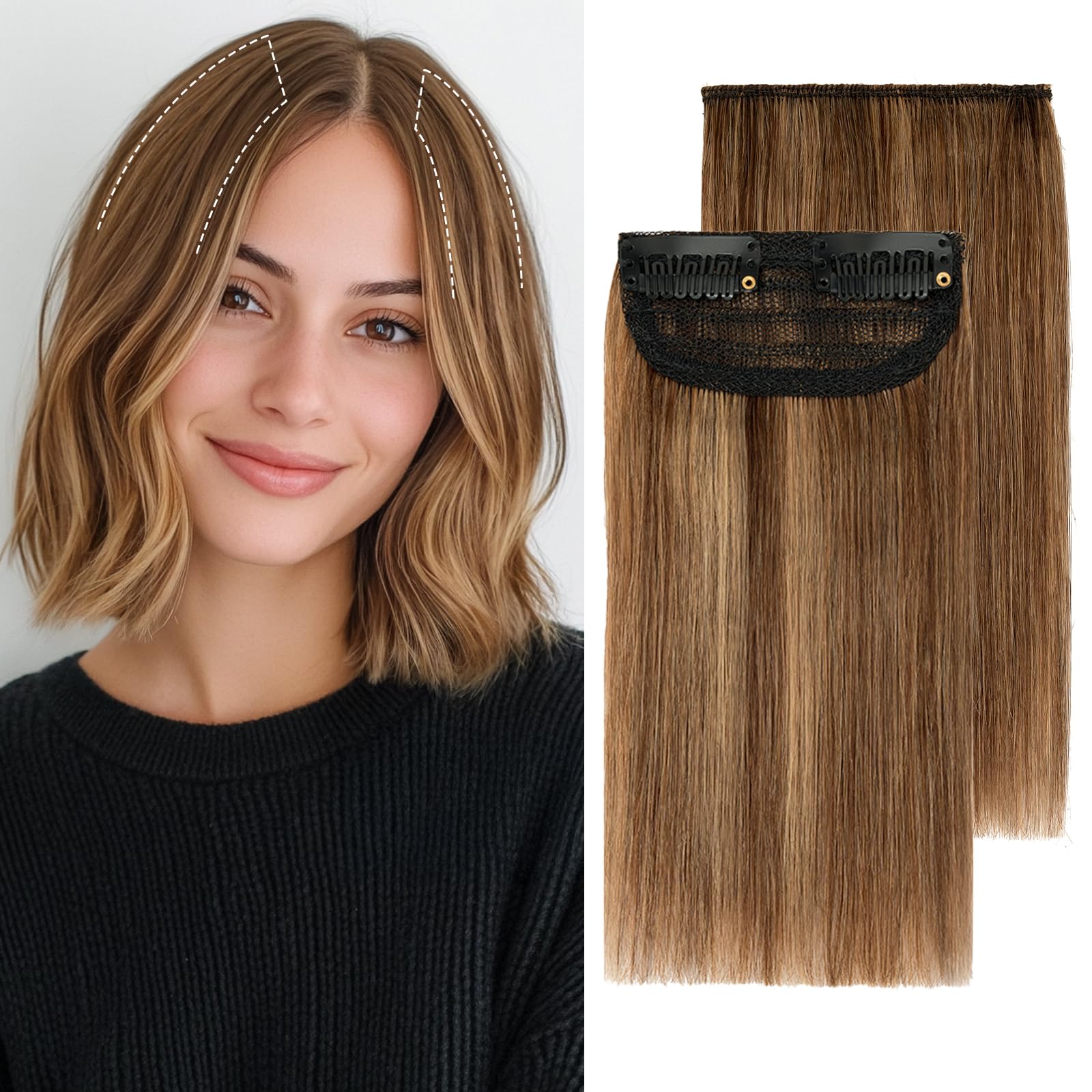 S-noilite Clip in Hair Extensions for Short Hair - 100% Real Human Hairpieces With 2 Clips, Balayage for Women With Thinning Hair, Add Volume 30g 10Inch-Medium Brown/Dark Blonde