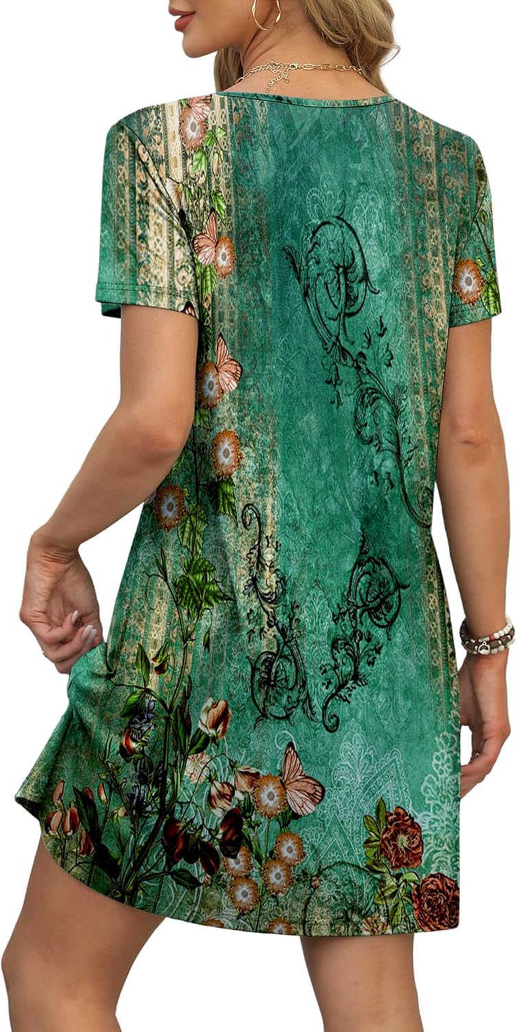 OFEEFAN Summer Dresses for Women 2025 Loose V Neck Short Sleeve Casual T Shirt Dress Sundresses Swimsuit Coverup with Pockets - Image 4