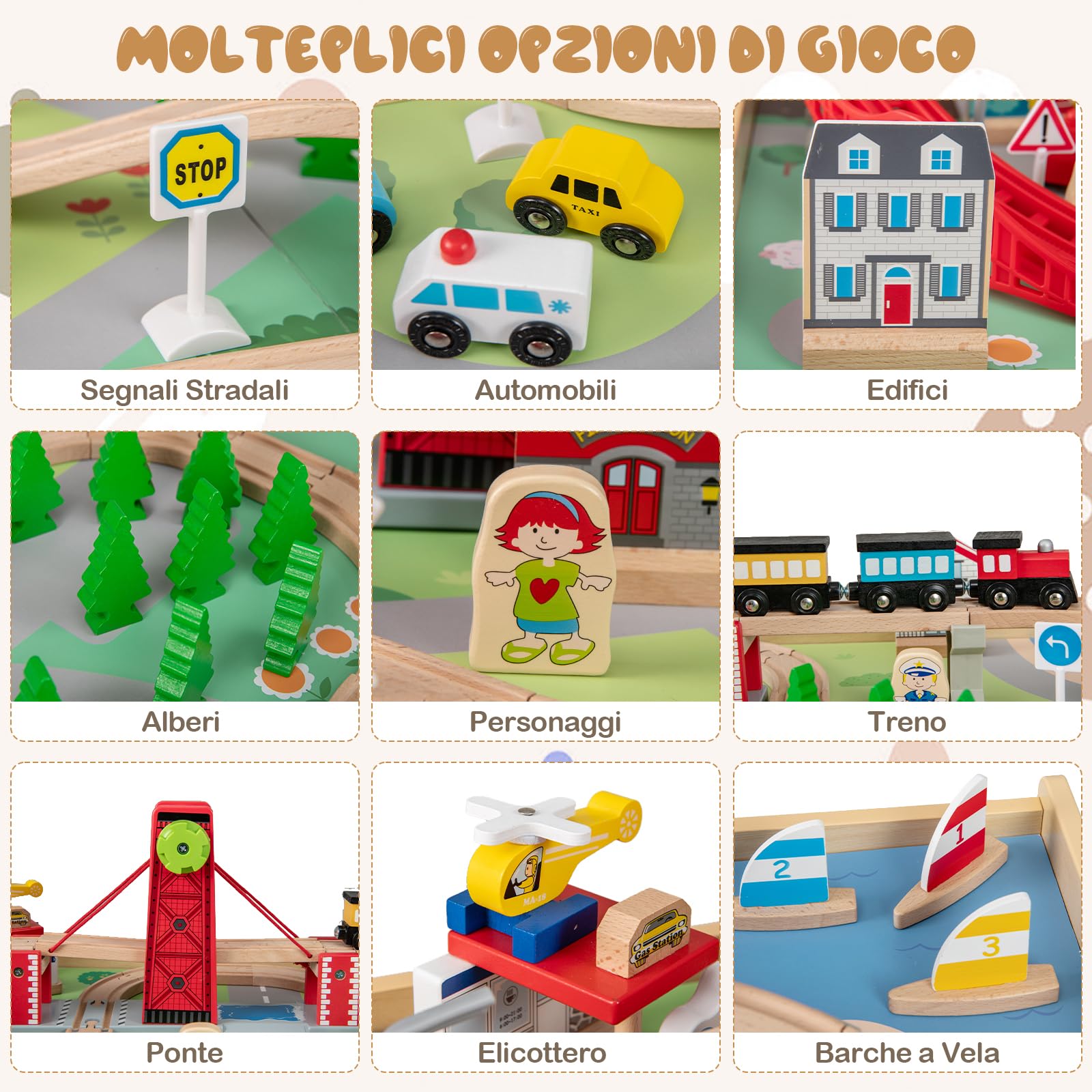 RELAX4LIFE Tavolo con Set Treno in Legno da 92 Pezzi, Tavolo Gioco Multifunzionale con Superfici Reversibili, 3 Contenitori Pieghevoli in Tessuto, Binari, Macchinine, Set Treno per Bambini da 3+ Anni