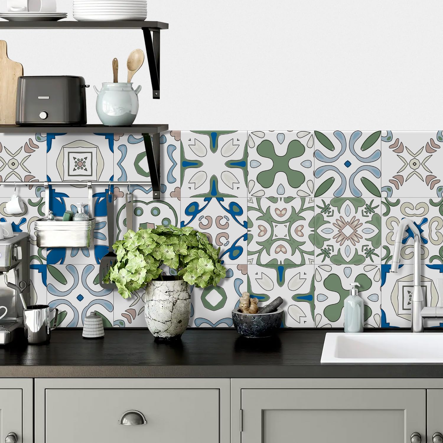 Naklejki na kafelki winylowe PCV, które można odkleić i przykleić | Zielony Kwiatowy, 24 szt. 10/15/20 cm, Backsplash Kuchni i Łazienki: Dekoracja Ścienna Peel And Stick(24 Pcs/15x15cm)