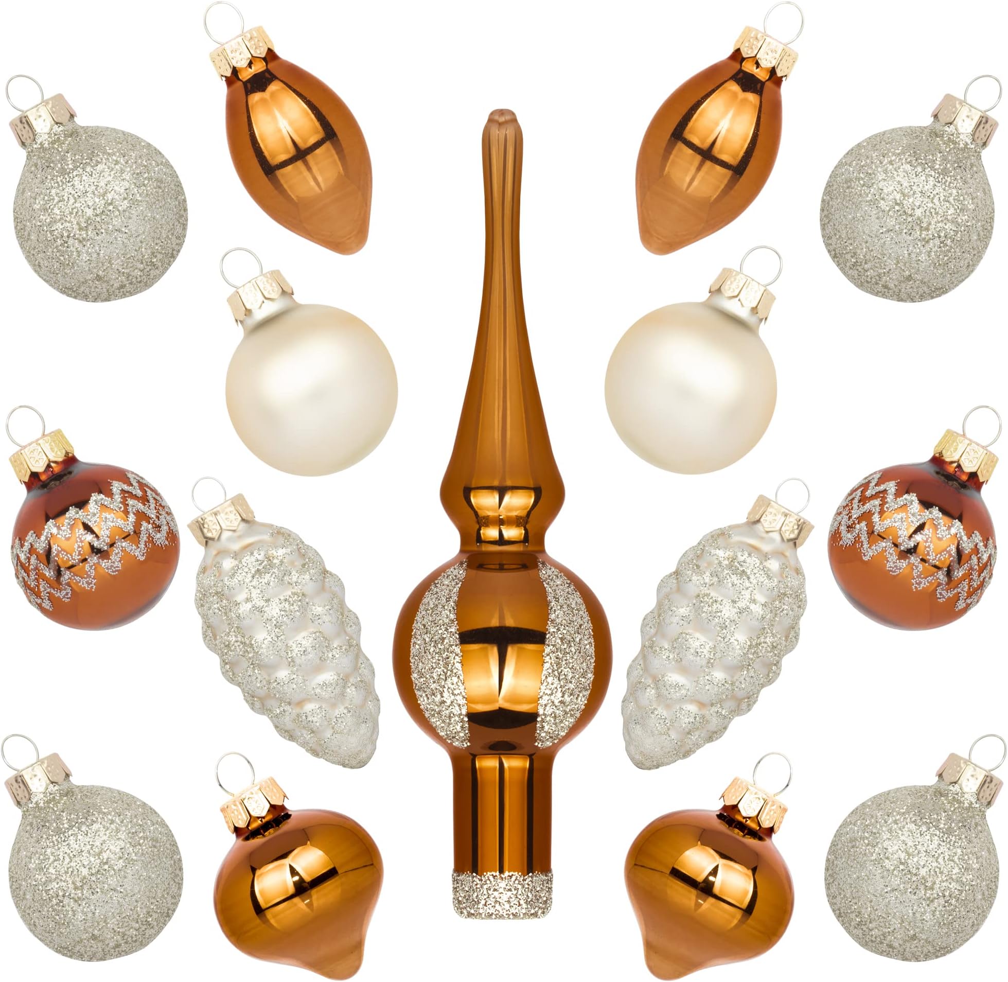 Miniature Ornaments and Tree Topper Christmas Mini Glass Tree Decorations Set of 15 for Tabletop Desktop Tree Wedding Centerpiece (Bronze Champagne)