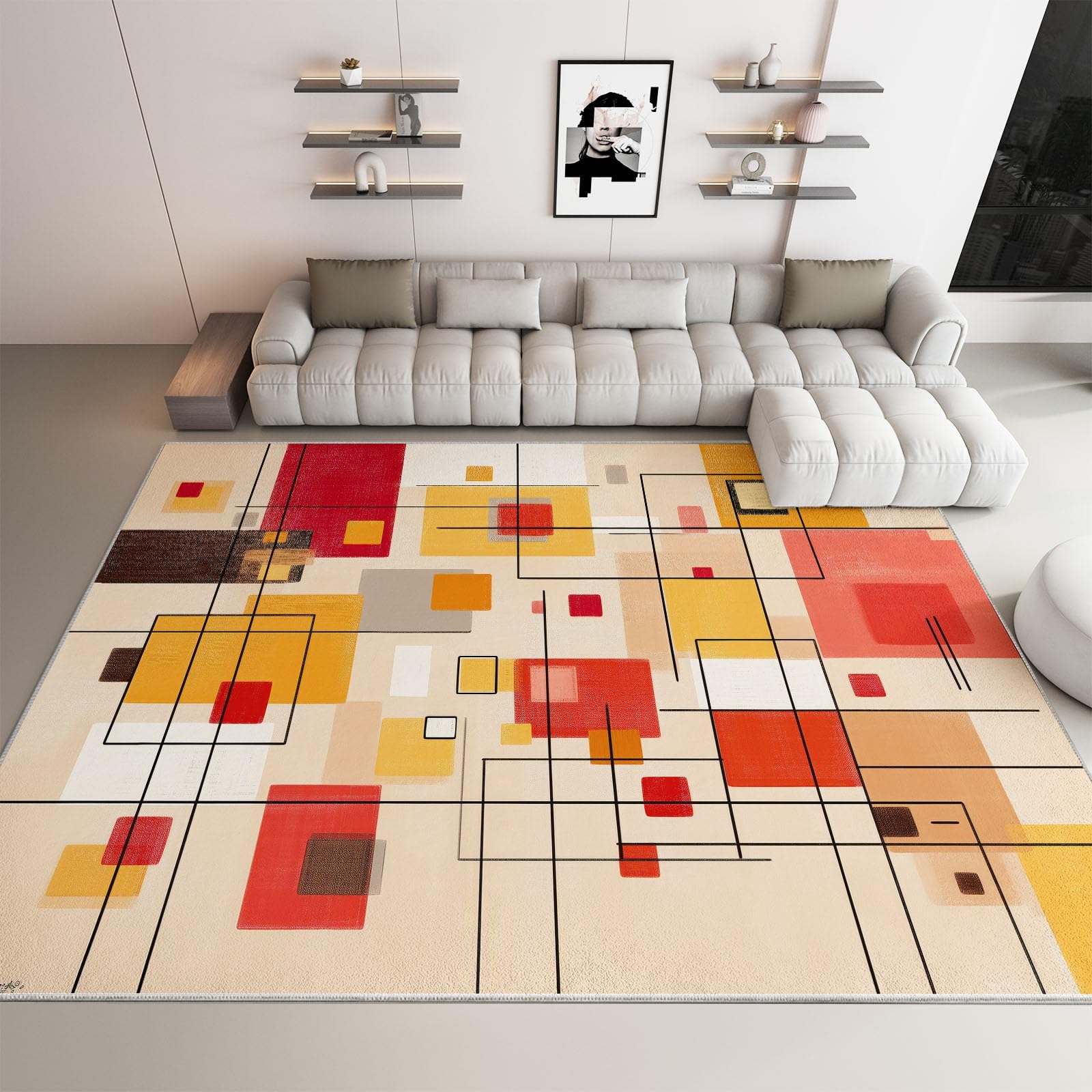 Nowoczesny dywan z nadrukiem Mid-Century 120 x 170 cm, geometryczna sztuka abstrakcyjna kolorowe klocki dywan do salonu można prać w pralce - trwały antypoślizgowy dywan do jadalni przedpokój pokój