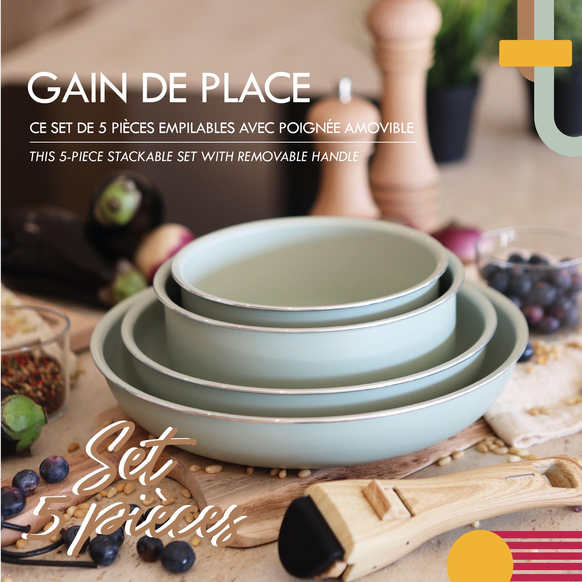 MENASTYL - Batterie de Cuisine Amovible Empilable - Tous Feux Dont Induction - Revêtement Céramique Antiadhésif sans PFAS - Gamme Colorama - Couleur Céladon - 2 Poêles + 2 Casseroles + 1 Poignée