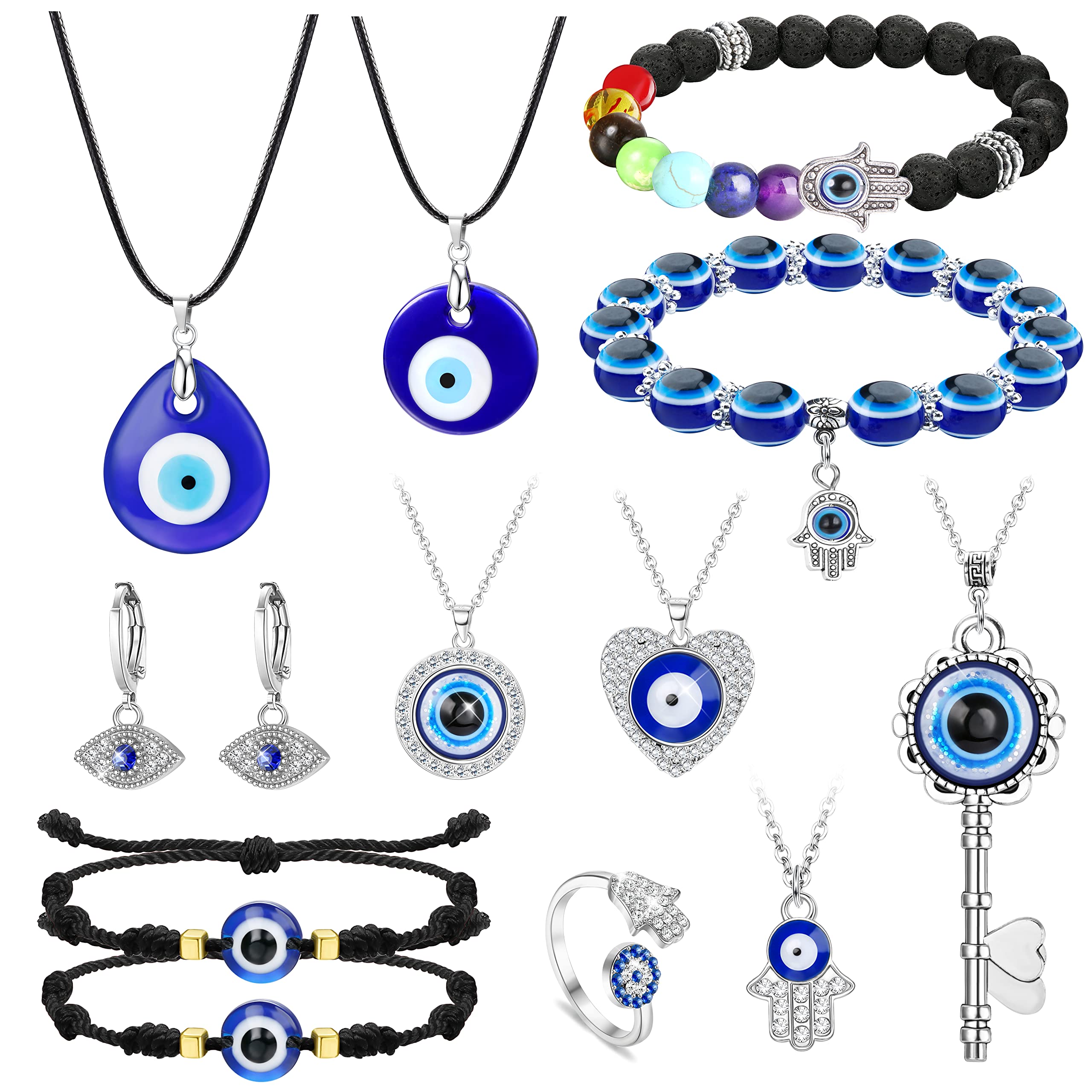 12Pcs Evil Eye Necklaces for Women Men Evil Eye Jewelry Blue Eye Bead Hamsa Hand Bracelet Necklace Evil Eye Earrings Rings Protection Jewelry Set