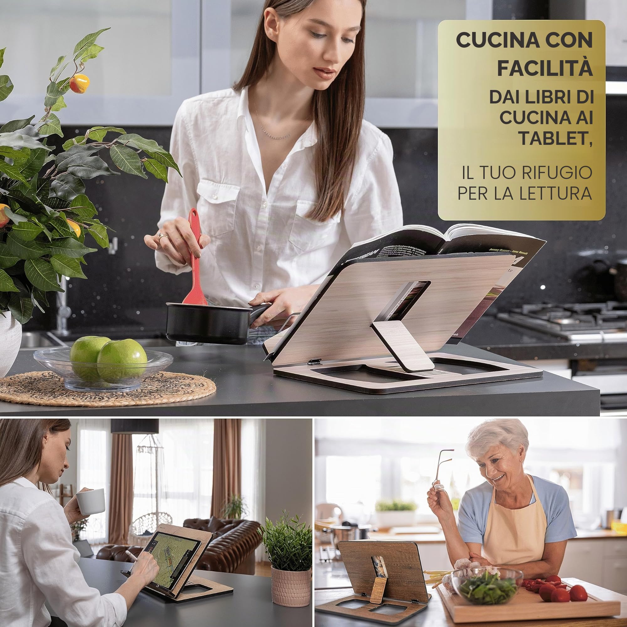 Vigo Wood Supporto per Libri in Legno - Supporto da Lettura per Libri di Ricette e Cucina a Letto (Noce)