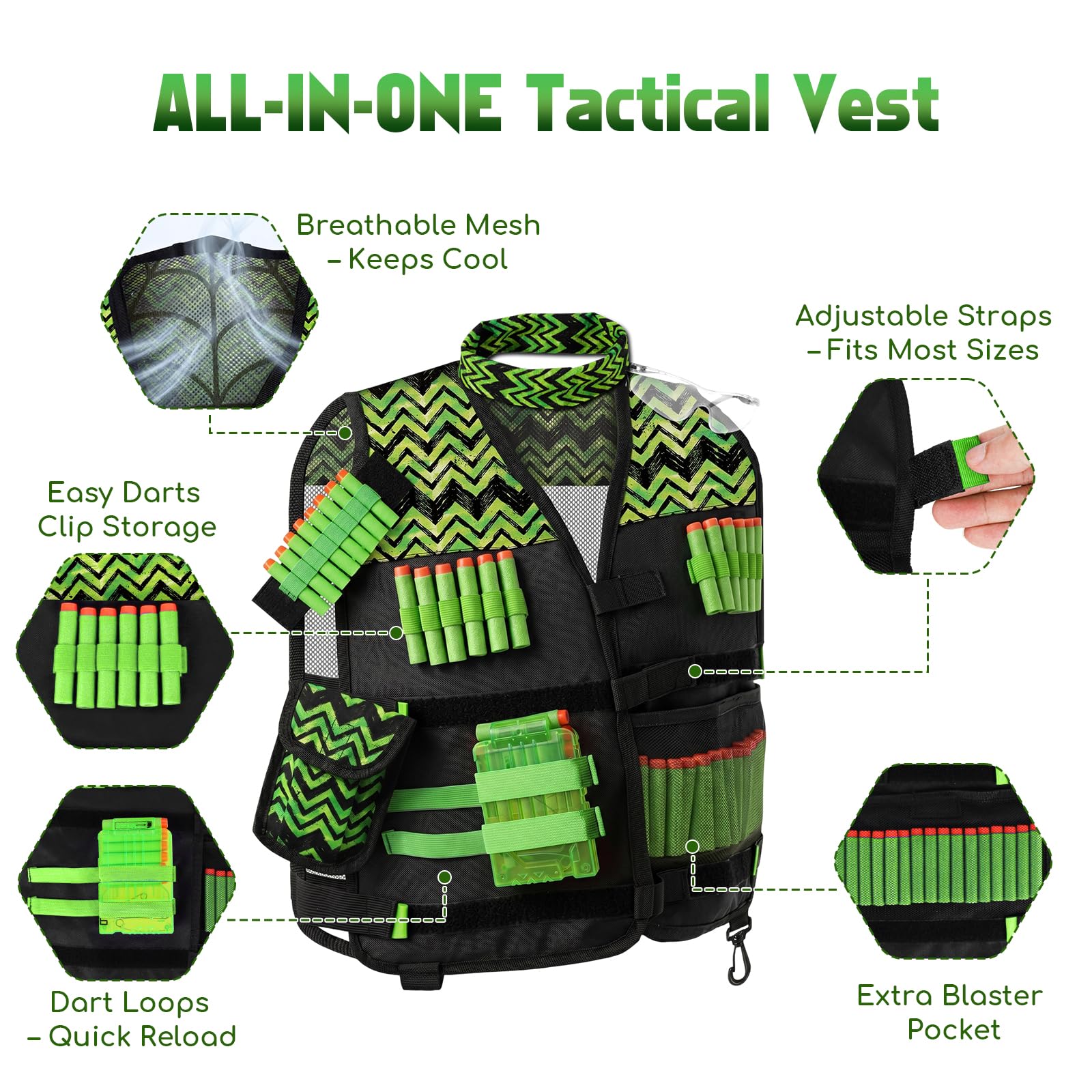 Lehoo Castle Chaleco Táctico Niños para Nerf N-Strike Elite Series, con 60 Recambio Bullet Soft Dardos, Gafas, Mascarilla Táctica, Regalos Navidad para Niños (Azul + Verde)