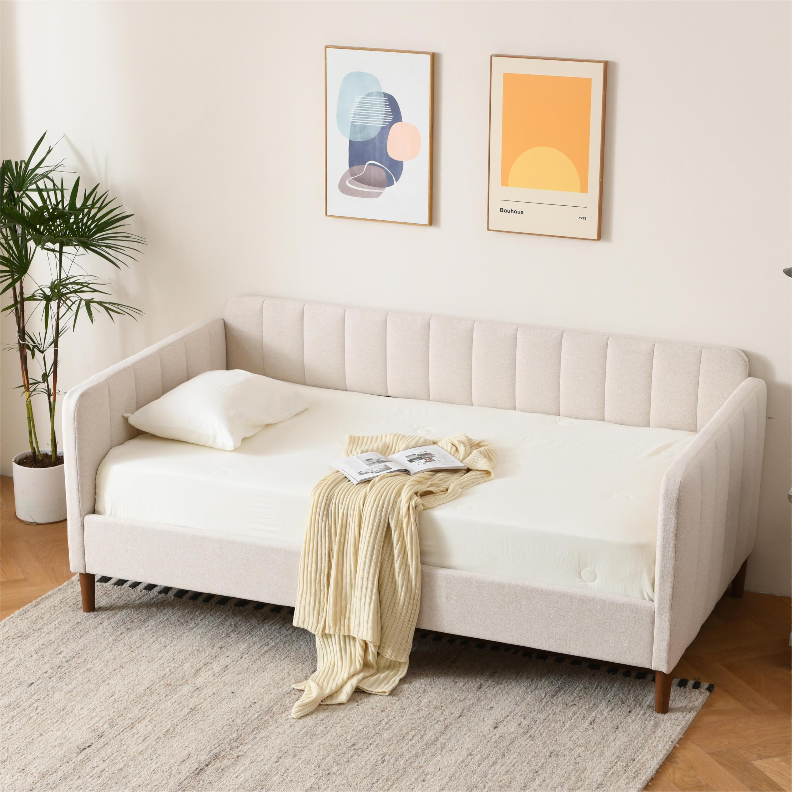 YUHUASHI Twin Size Upholstered Daybed with Wood Slat Support, Daybed Frame for Living Room, Bedroom, Guest Room, No Box Spring Needed (Ivory, Twin)