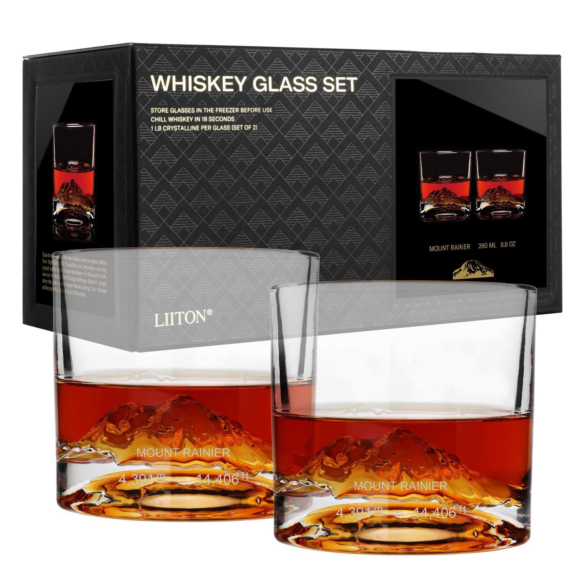 LIITON Mount Rainier Heavy Crystal Whiskey Glasses Gift Set of 2, Thick Freezable Bourbon Glass 1lb Each, Premium Whiskey Gifts for Men, Frozen Crystal Chills Cocktails, 10 oz