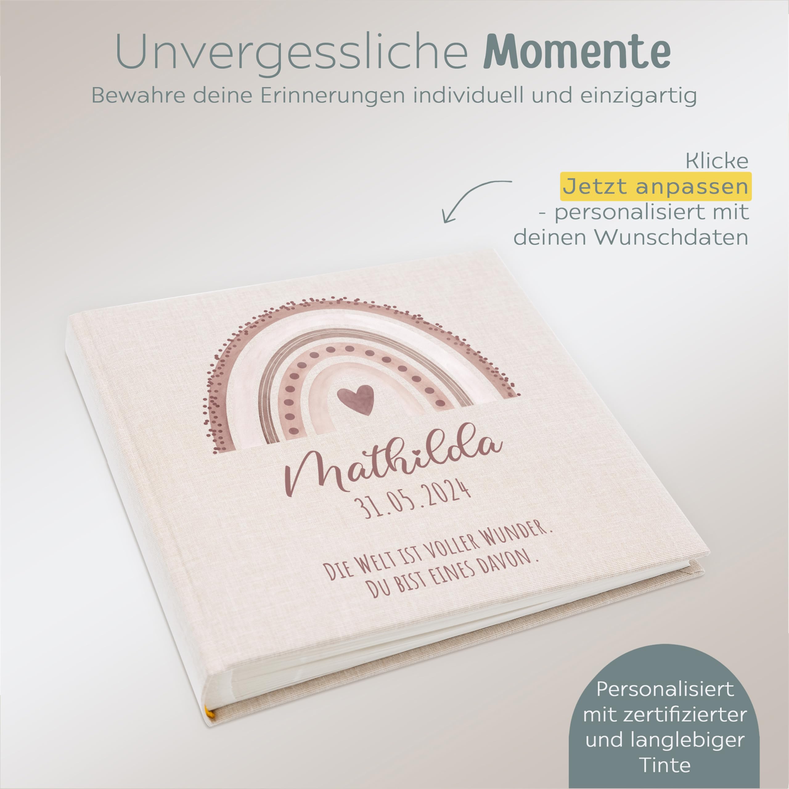 wunderwunsch Fotoalbum Einschulung personalisiert, Gästebuch, Deko, Erinnerungsalbum Schule, Geschenk Taufe, Kindergarten, Geburt, Geburtstag individualisiert (Regenbogen rosa)