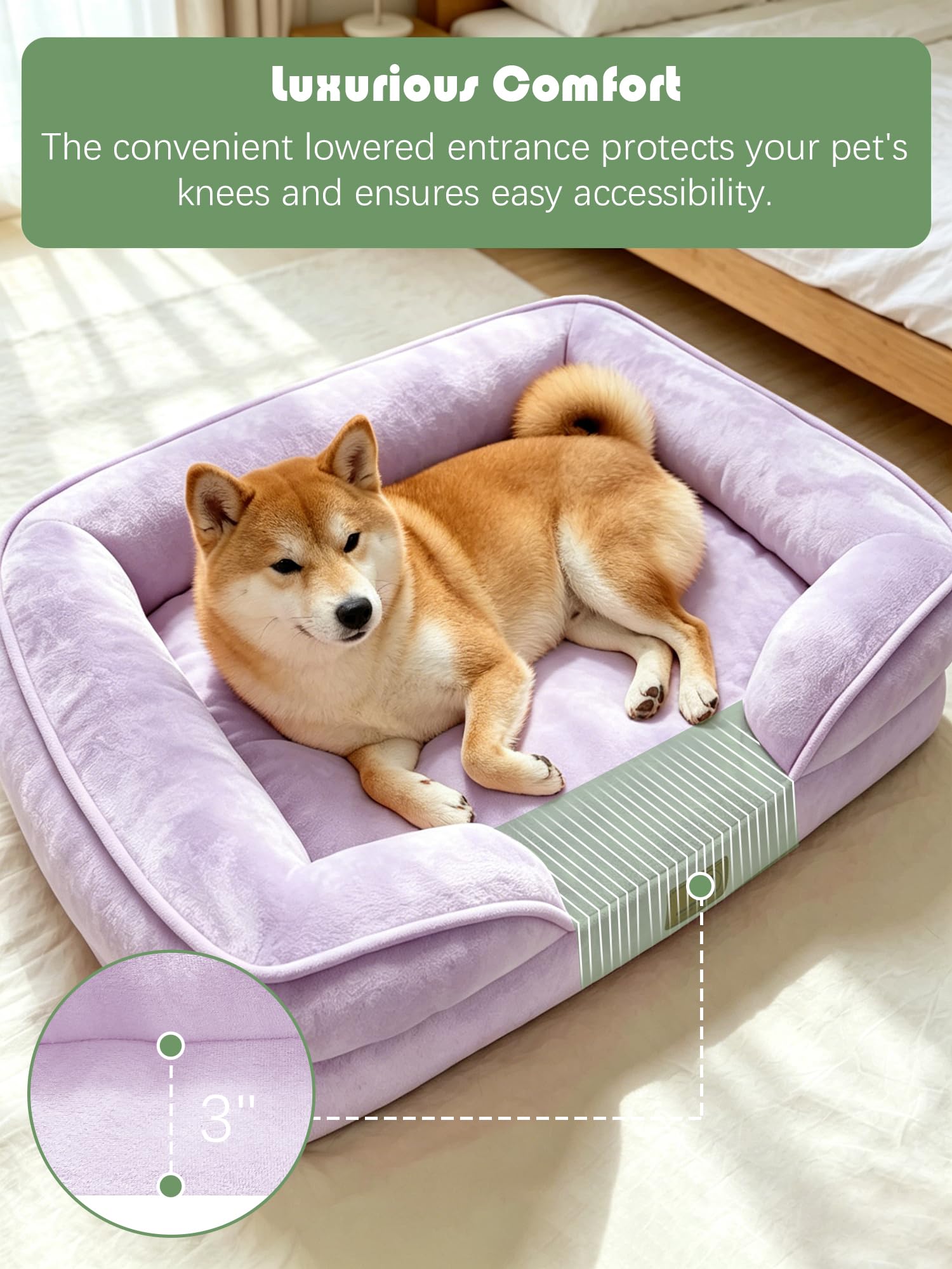 Spotted Play Orthopedic Dog Bed with Sides - Sofa Beds for Medium Dogs, Supportive Foam Pet Couch Bed with Washable Removable Cover, Waterproof Lining and Non-Slip Bottom, Purple - M view 3