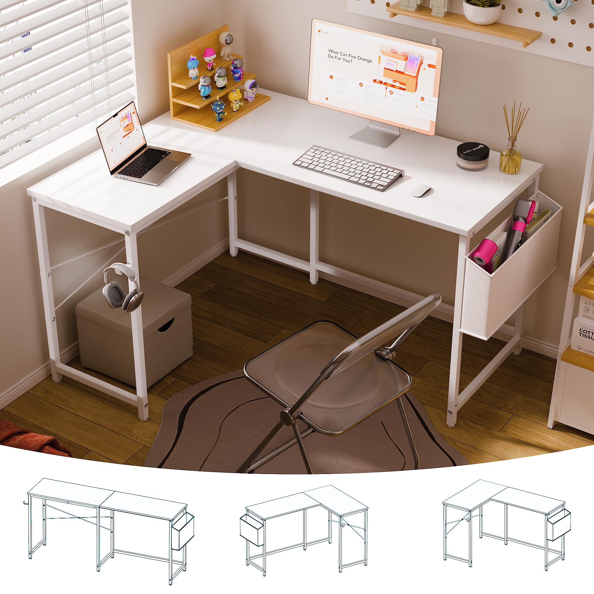 Pamray 47 Inch Reversible L Shaped Gaming Desk Corner Computer Desk with Storage Bag Home Office Table for Writing Study White
