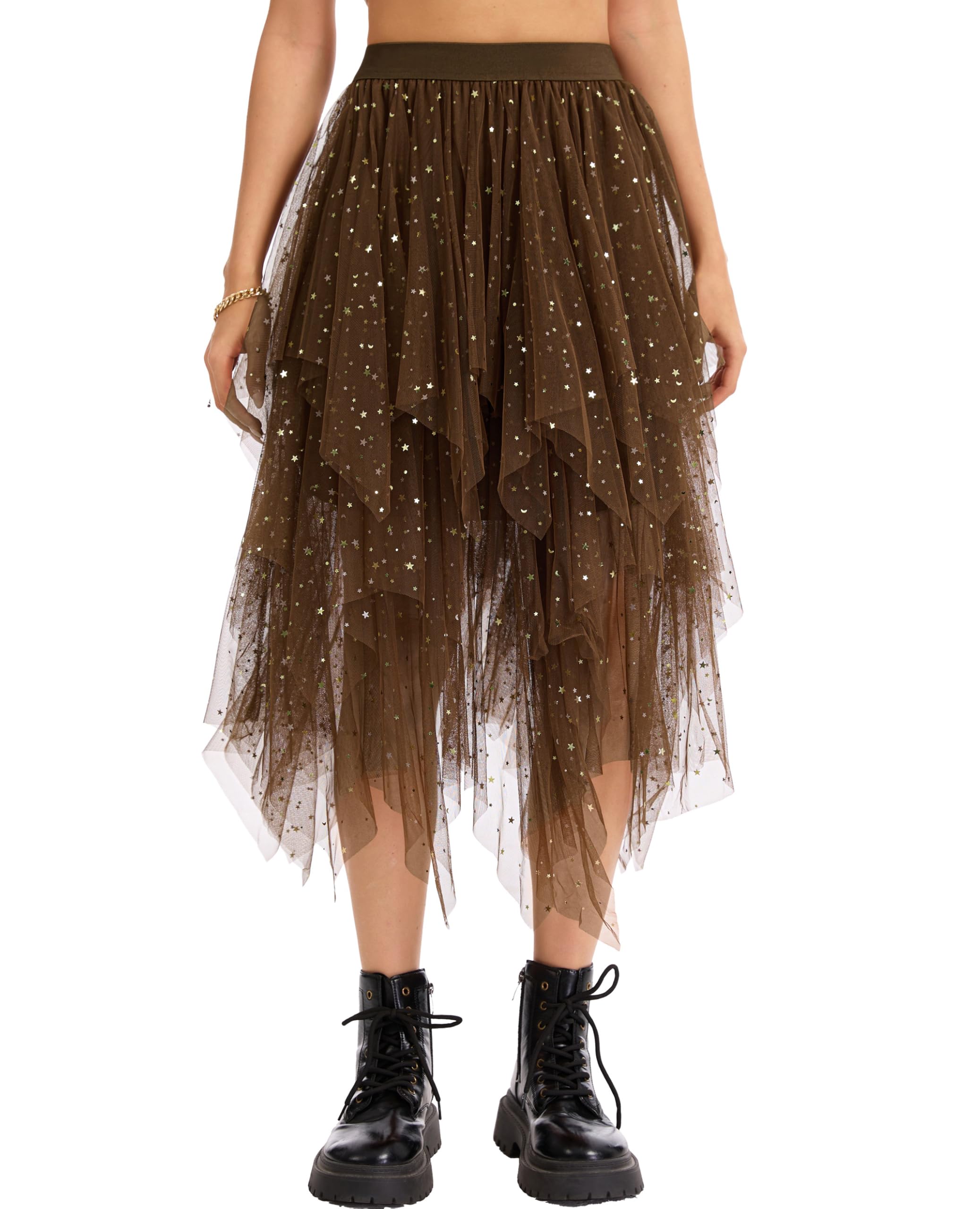 Lovasy Pailletten Rock Damen Tüllrock Schwarz Knielang High Low Layered Faltenrock Midi Rock A-Linie Unregelmäßiger Puffy Fee Tutu Röcke
