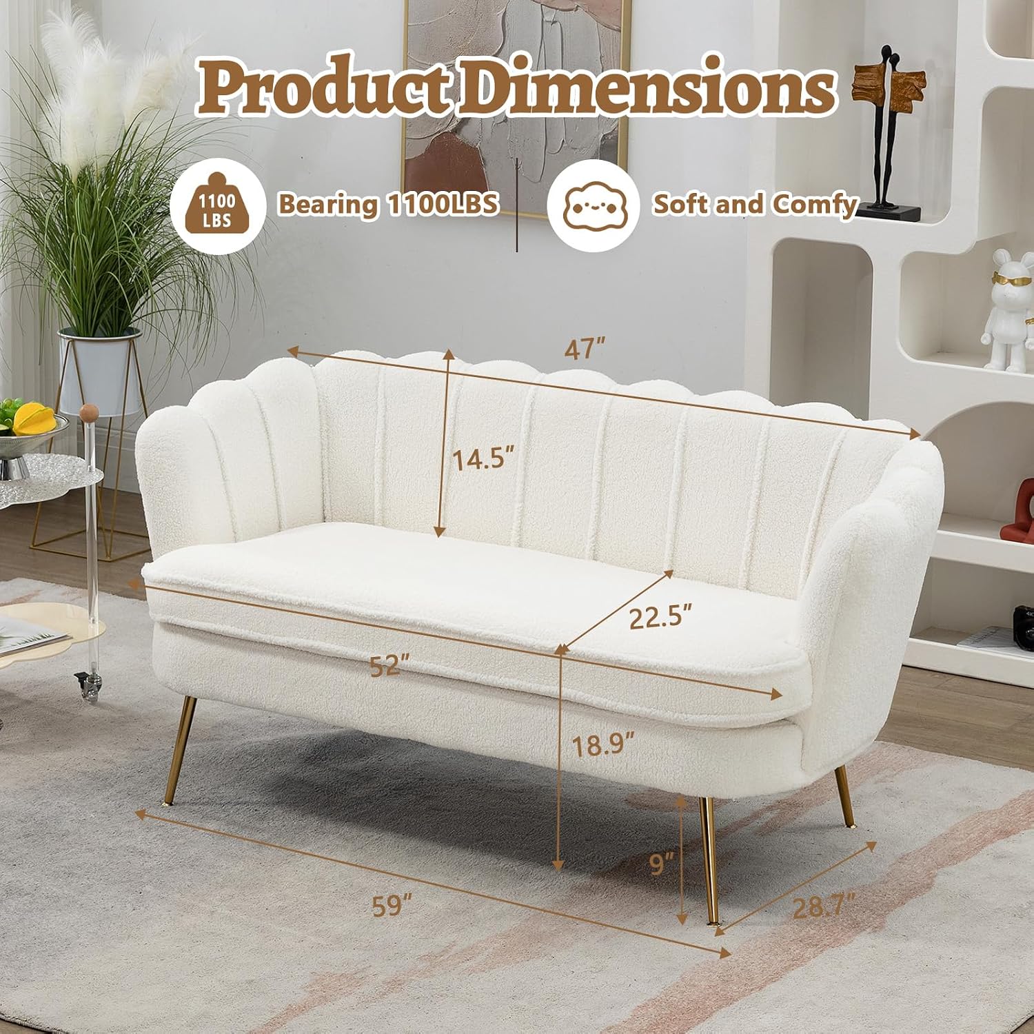 59" Loveseat Sofa Modern Chenille Gold Legs Floral Backrest Compact Apartment Sofa (Boucle Ivory)