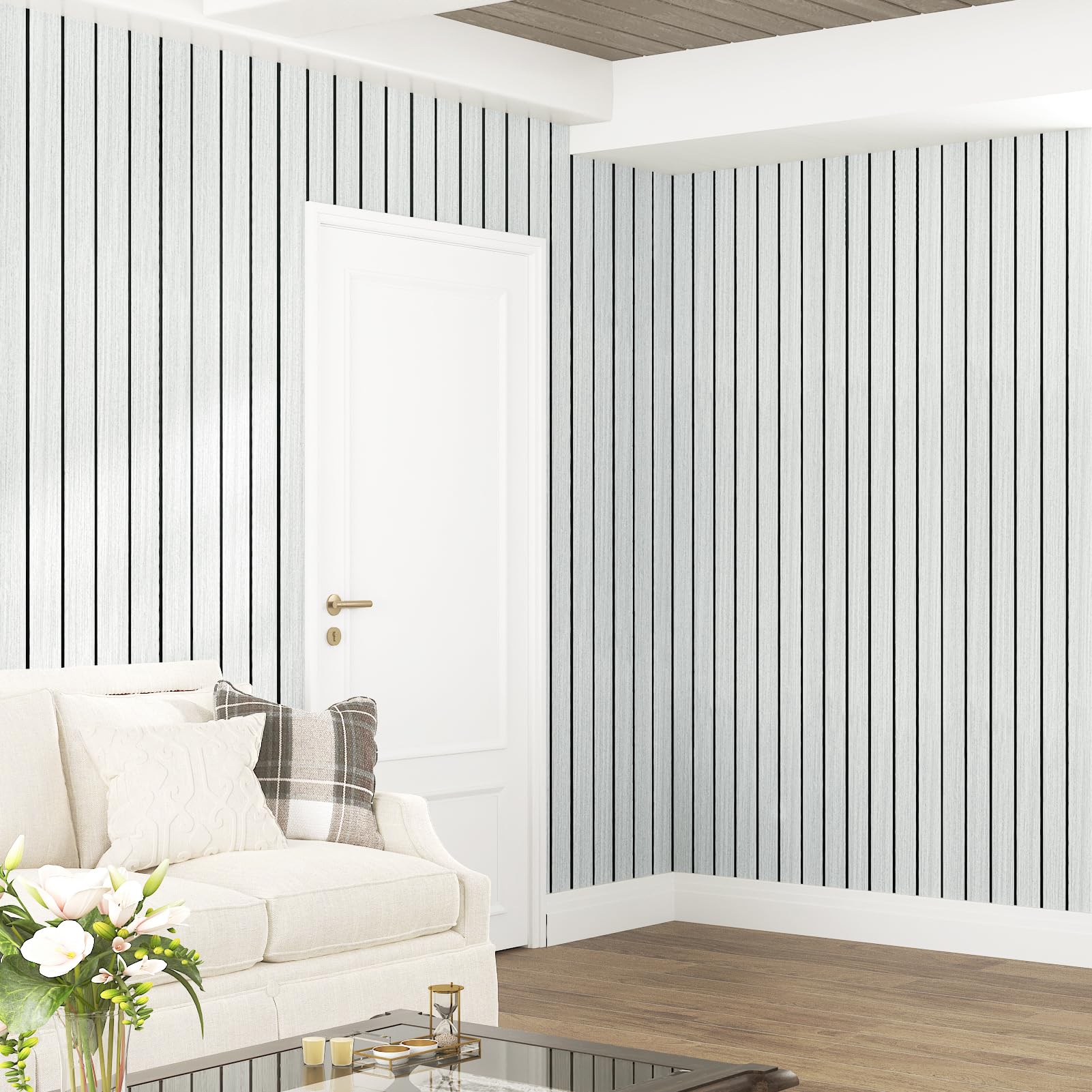 Panneaux Muraux 3D Autocollants En Vinyle Effet Bois Gris Et Blanc Pour Salon Cuisine Panneau Mural Adhesif Decoratif PVC Salle De Bain Panneau Mousse Acoustique Bois 30cm×300cm