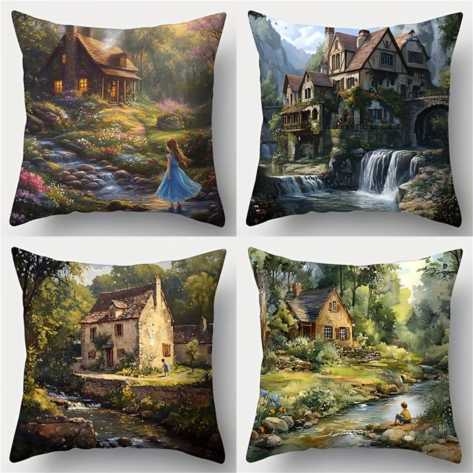 Heaen Colorful Outdoor Cushions Covers Waterproof 55X55 Cm Set Of 4 Square Linen Pillow Cases Jungle Cottage Scenery Decorative Dushions For Sofa Porch Patio Home Decor