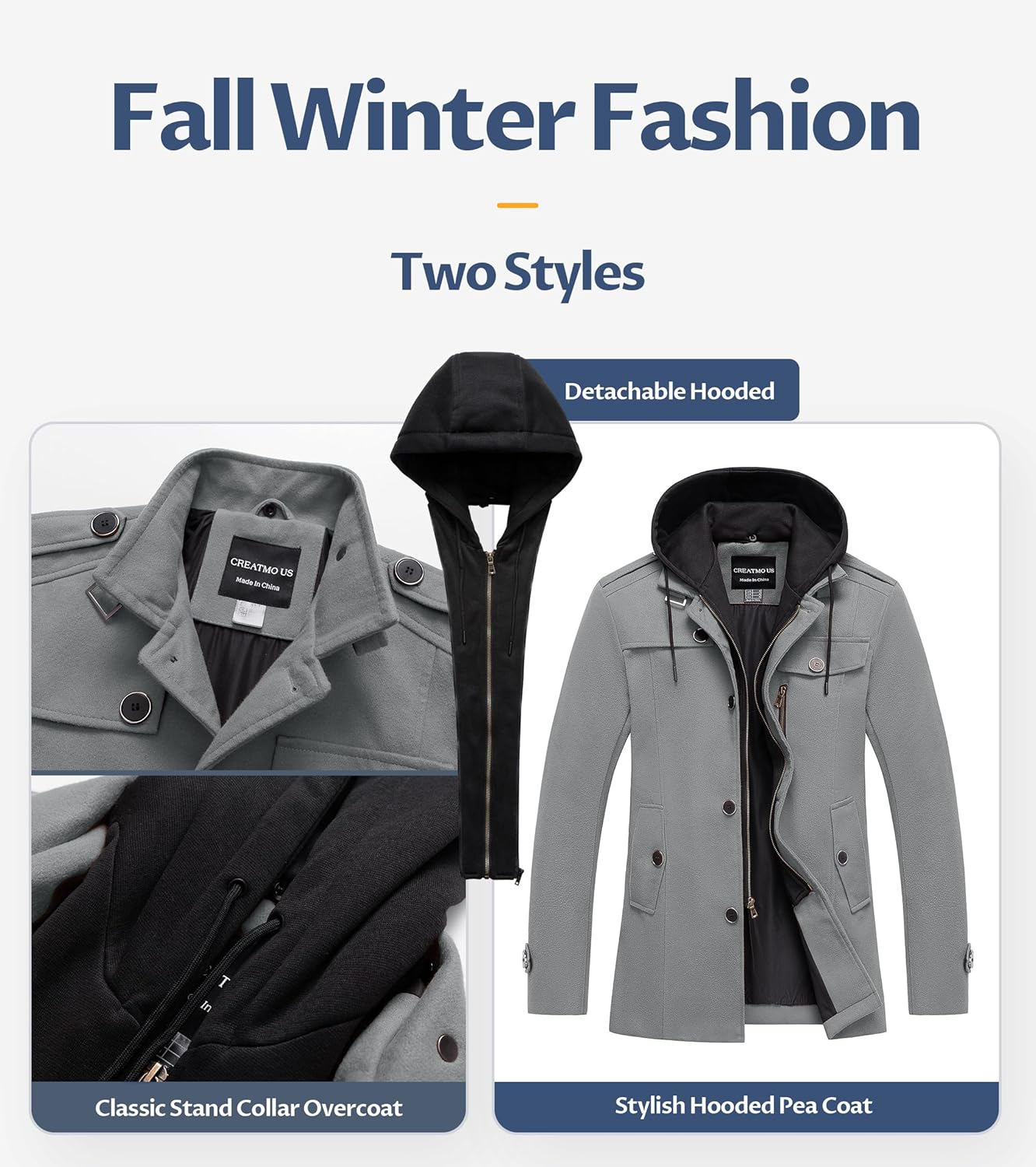 CREATMO US Men's Classic Pea Coat Wool Blend Trench Coat Windproof Business Overcoat With Detachable Hood - Image 4