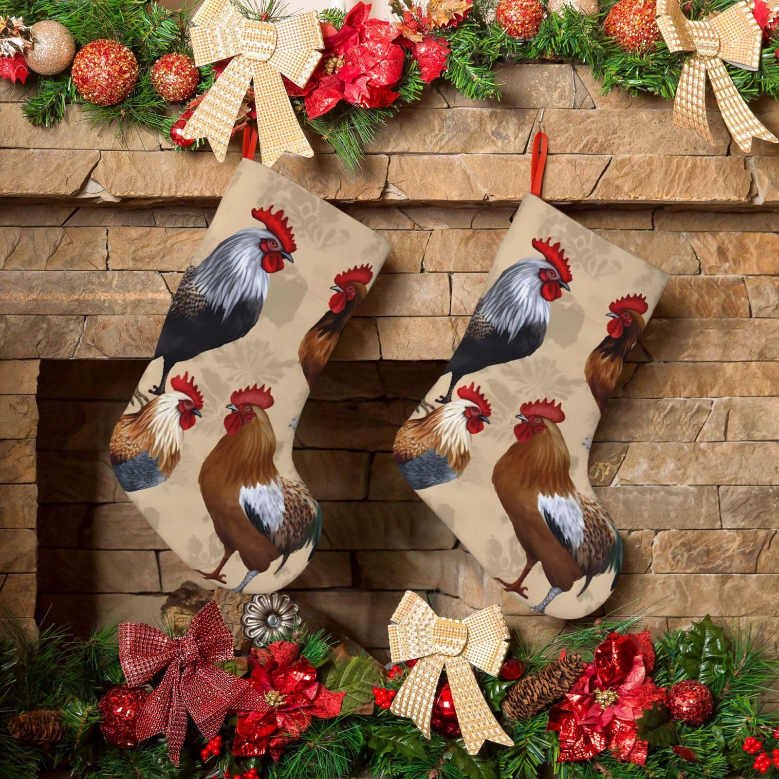 KLOPH Christmas Stockings 18" Personalized Xmas Stocking Rooster and Chicken Print Decoration Stocking Hanging Fireplace Stocking for Holiday Xmas Tree Christmas Fireplace Decor