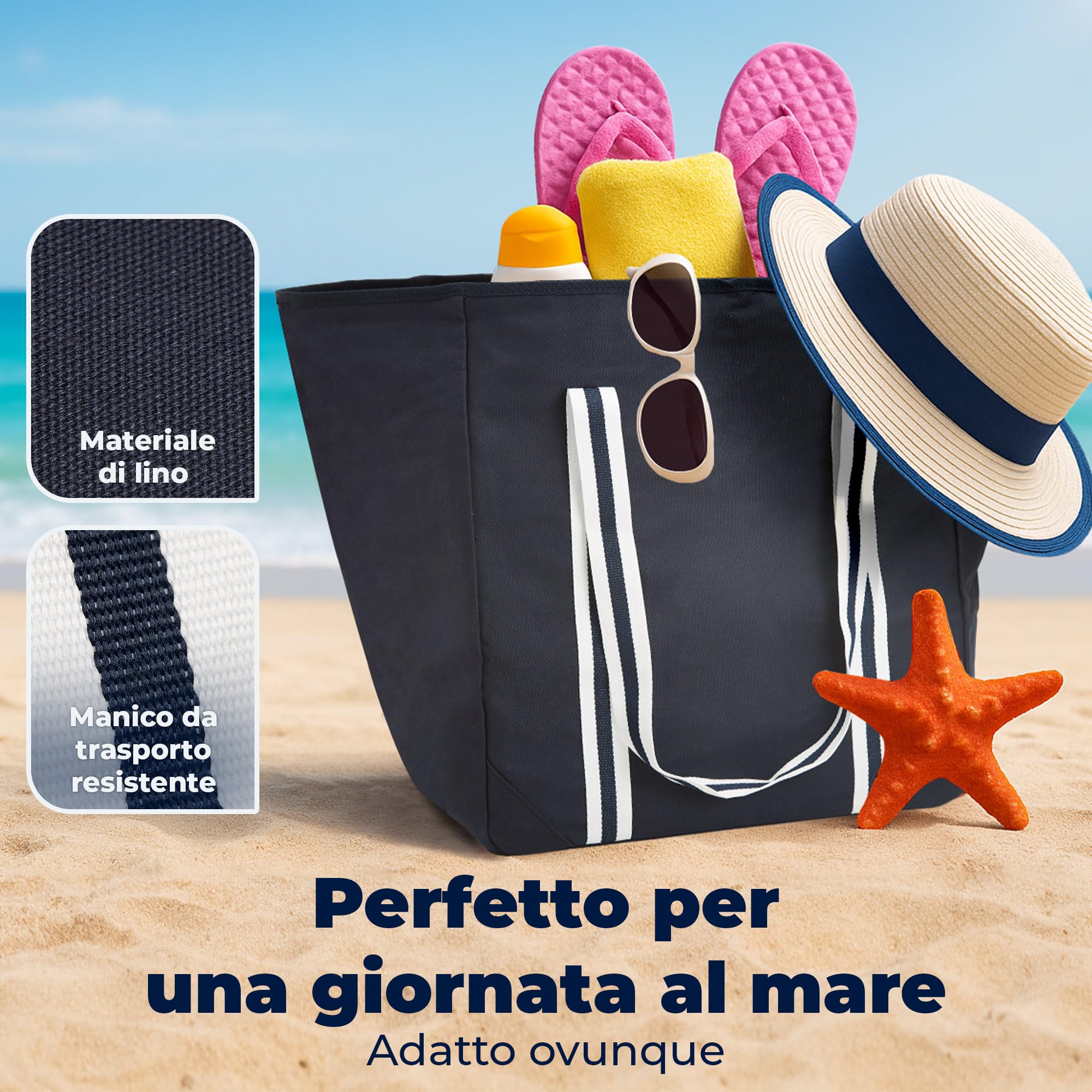 achilles Borsa per la spesa a spalla, shopper grande, borsa da spiaggia, borsa per il tempo libero, blu, 75 x 32 x 46 cm, Blu, XXL