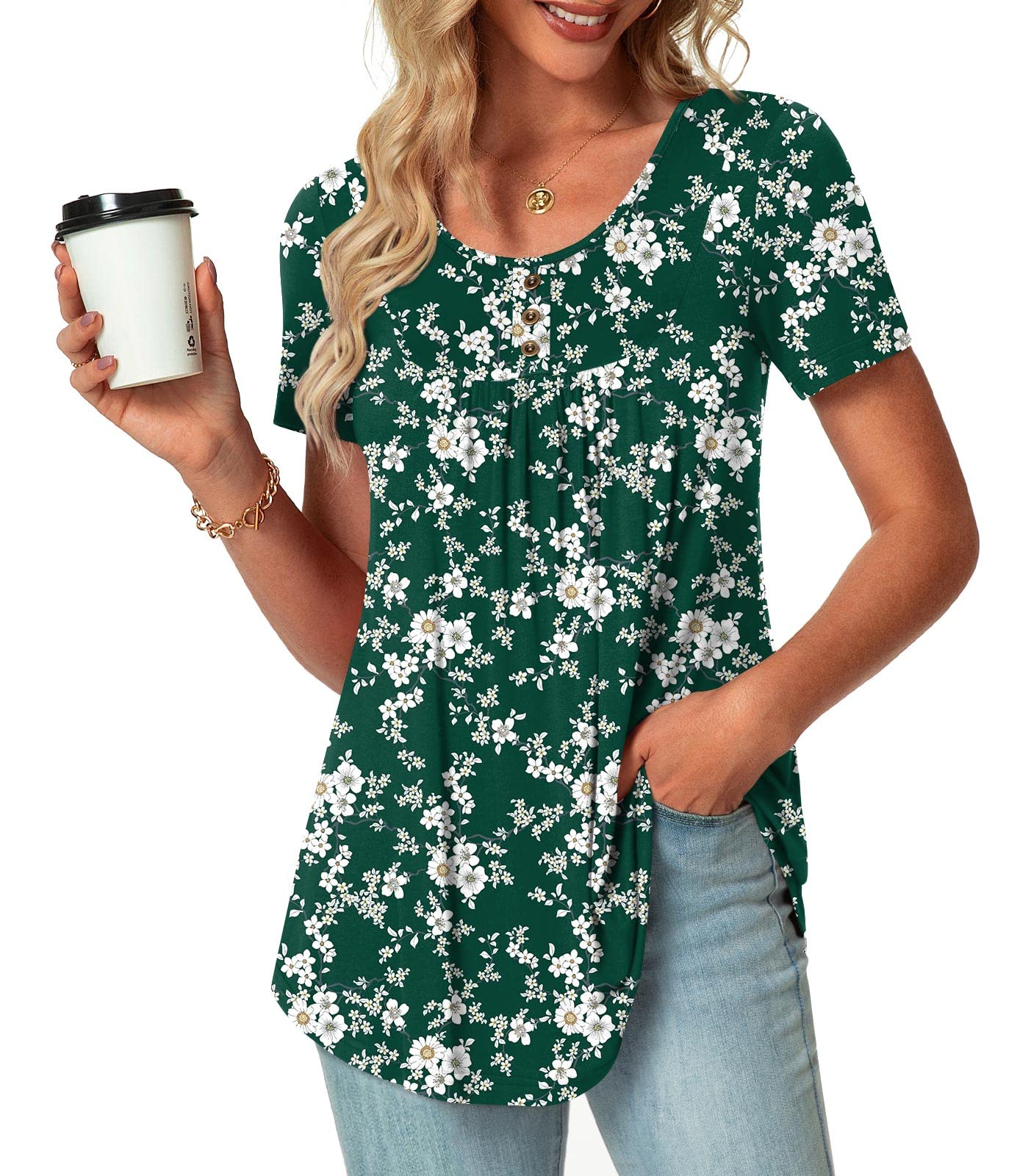 POPYOUNG Summer Womens Tunic Tops Loose Fit dressy Casual Short Sleeve Shirts to wear with Leggings