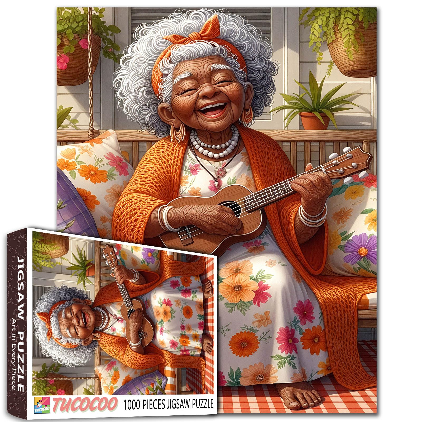 1000 Piece Jigsaw Puzzle Cheerful Porch Scene with Ukulele Floral Design Adult Entertainment Older Women DIY Puzzles for Challenging Family Activity Games Elderly Lady Art Home Wall Decor Craft Gifts — image 1