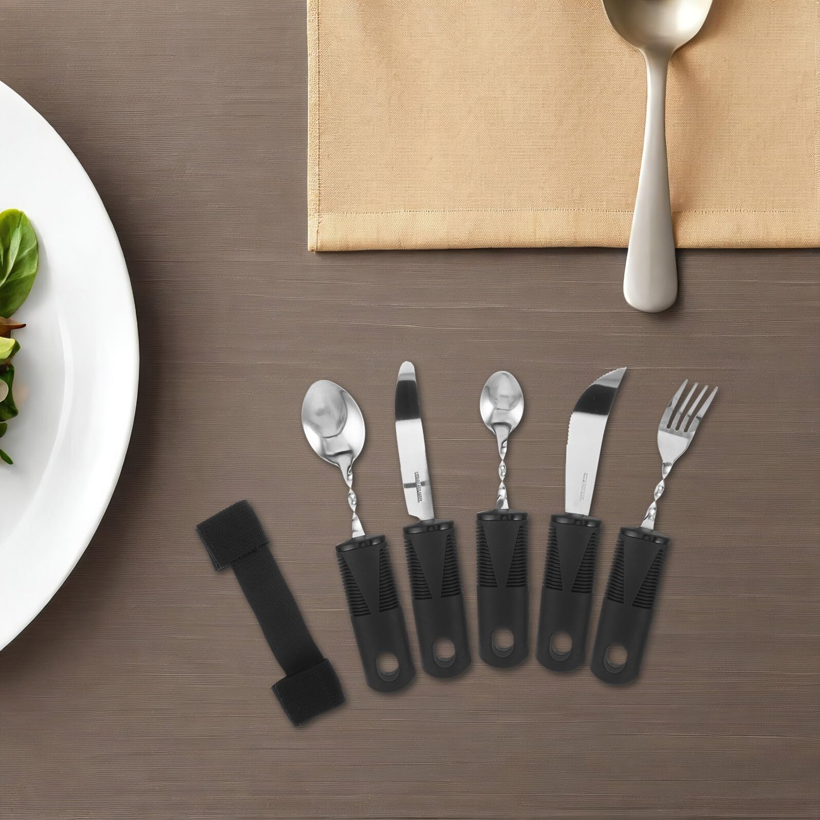 Mikikit Set Posate Adattabili in Acciaio Inossidabile per Anziani e Adulti Disabili Cucchiaio Antivibrazione Manico in Plastica Antiscivolo Utensili Pieghevoli Regolabili per