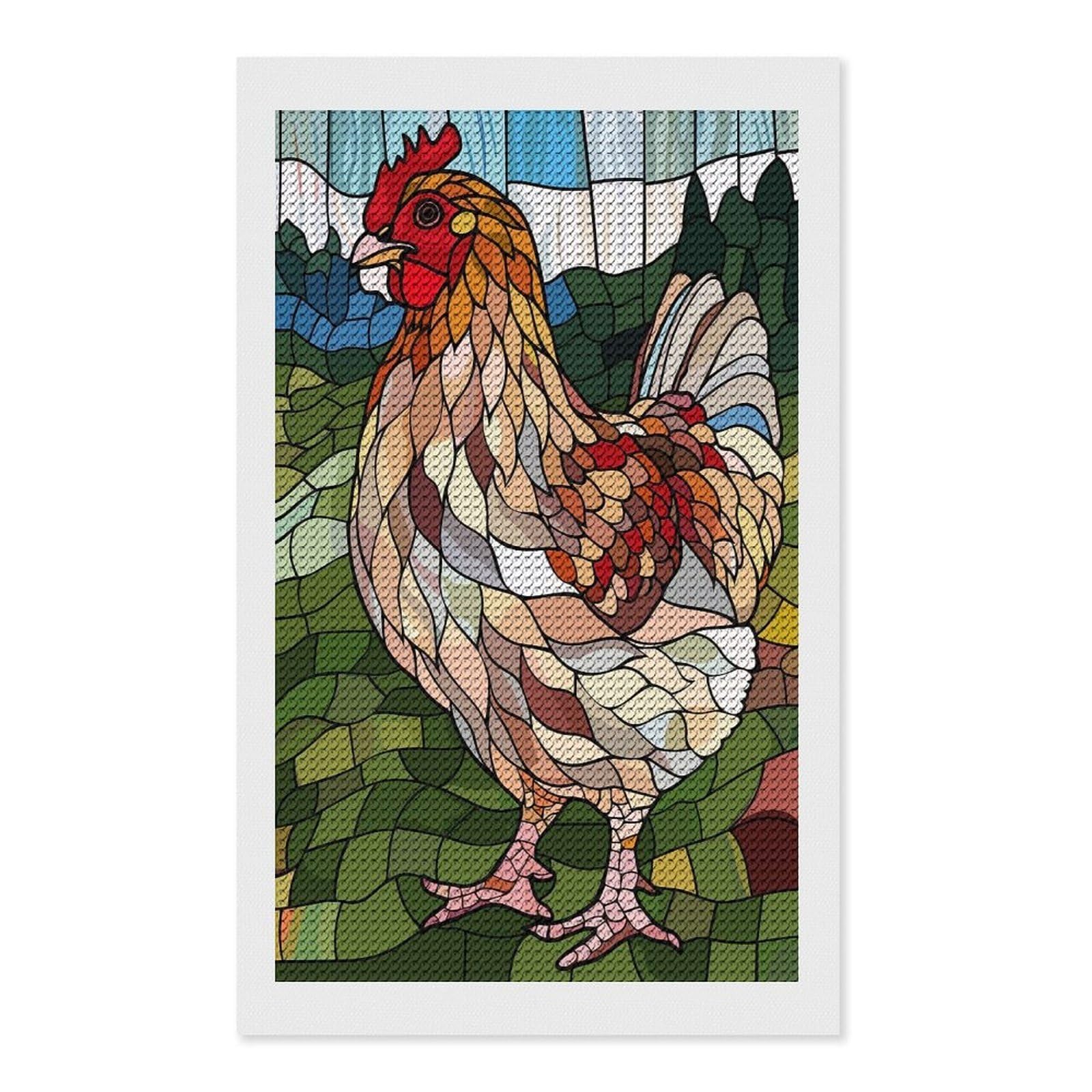 Junmoney Stained Glass Chicken in A Field Round Drill Diamond Painting 12"x20", for Adults, Creative Leisure Activity, Office Decor, Holiday Gift Idea