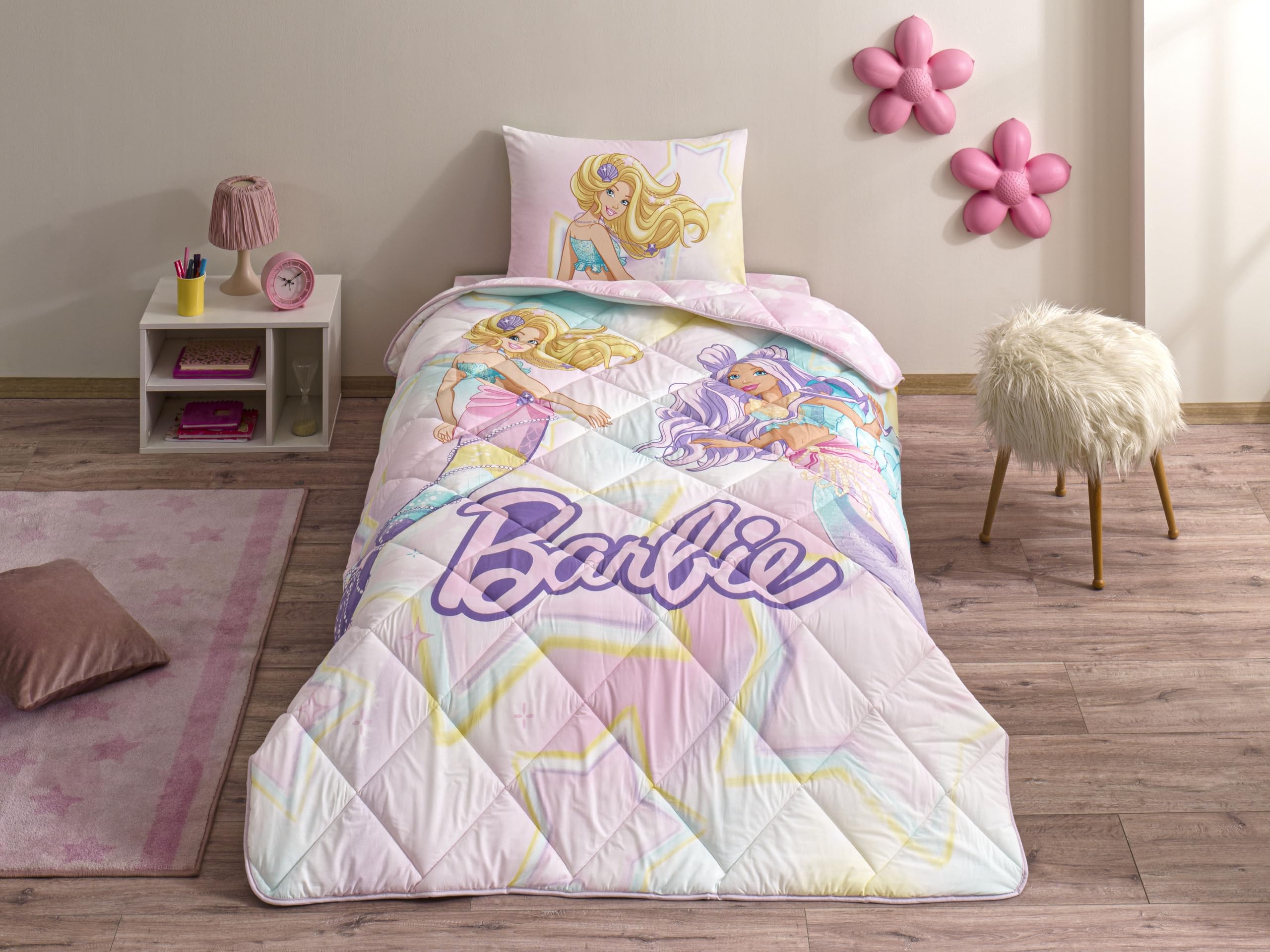 TAÇ Barbie Mermaid Standart Pamuk Nevresim Takımı, Pembe, Tek Kişilik