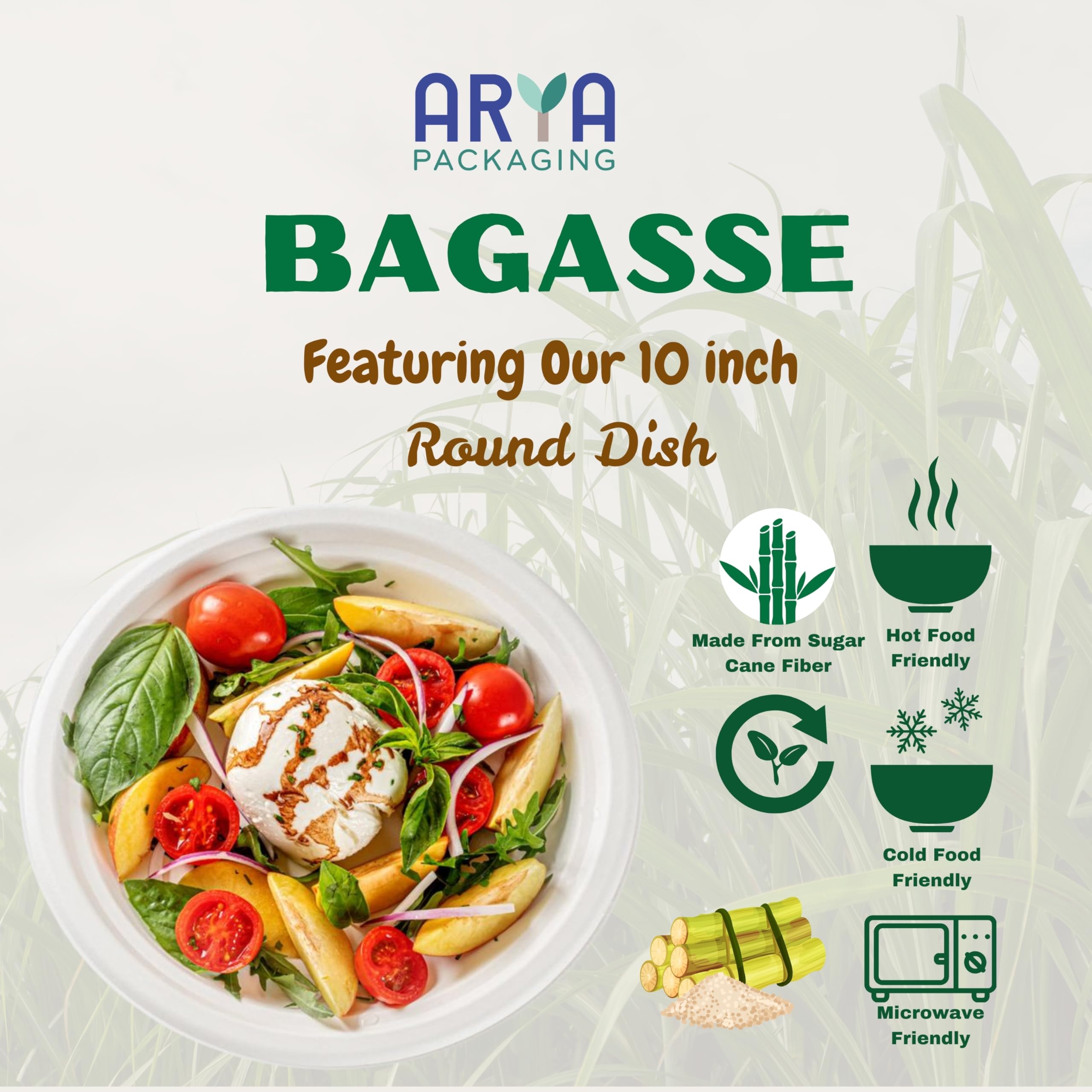Arya PACKAGING 100% Compostable Heavy-Duty Eco-Friendly Disposable Bagasse Plates 10 Inch - Image 3