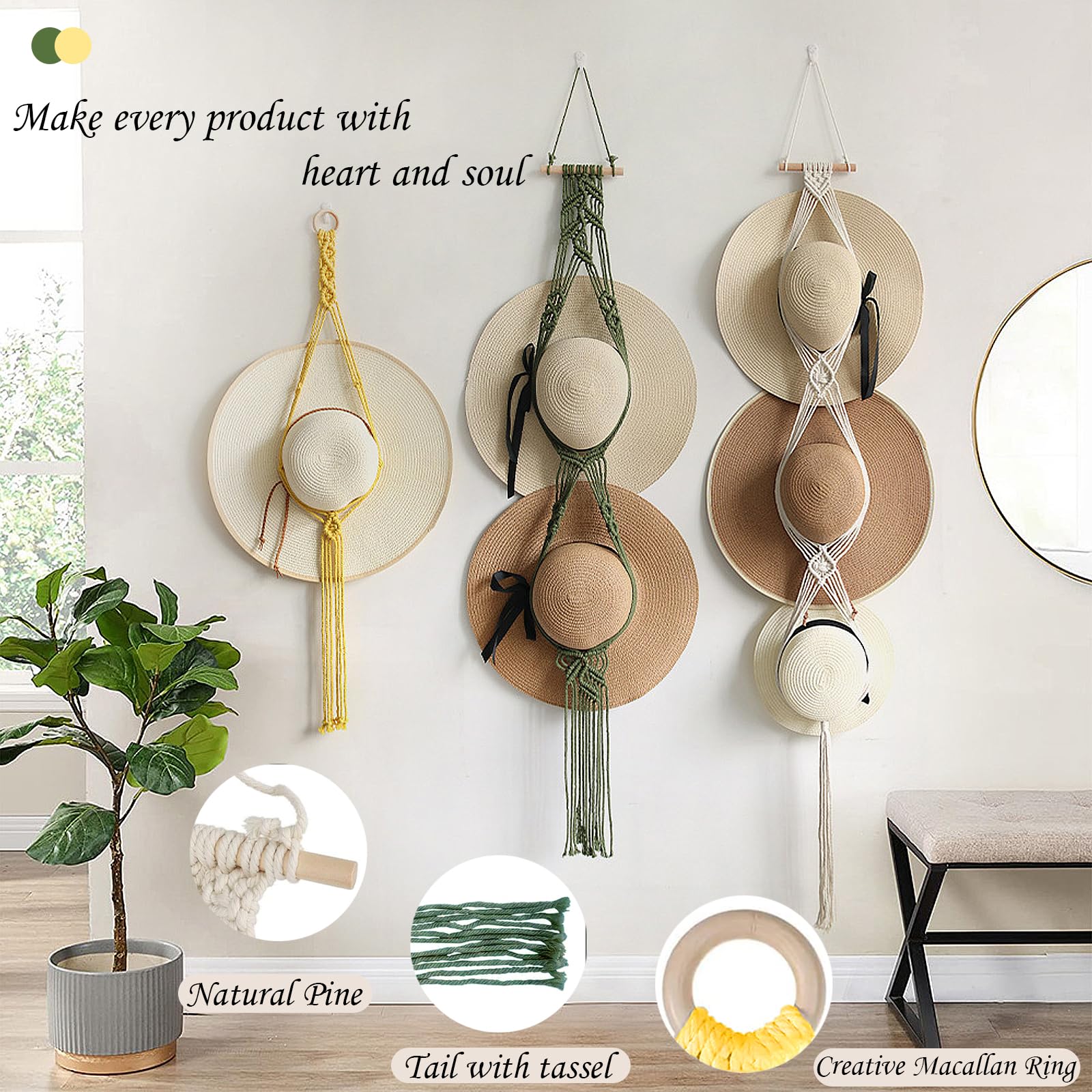 3 ganci per cappelli in macramè, tessuto a mano, supporto per cappelli da parete, supporto da parete per cappello da cowboy, porta cappelli, organizer per cappelli Fedora con tesa larga, appendiabiti