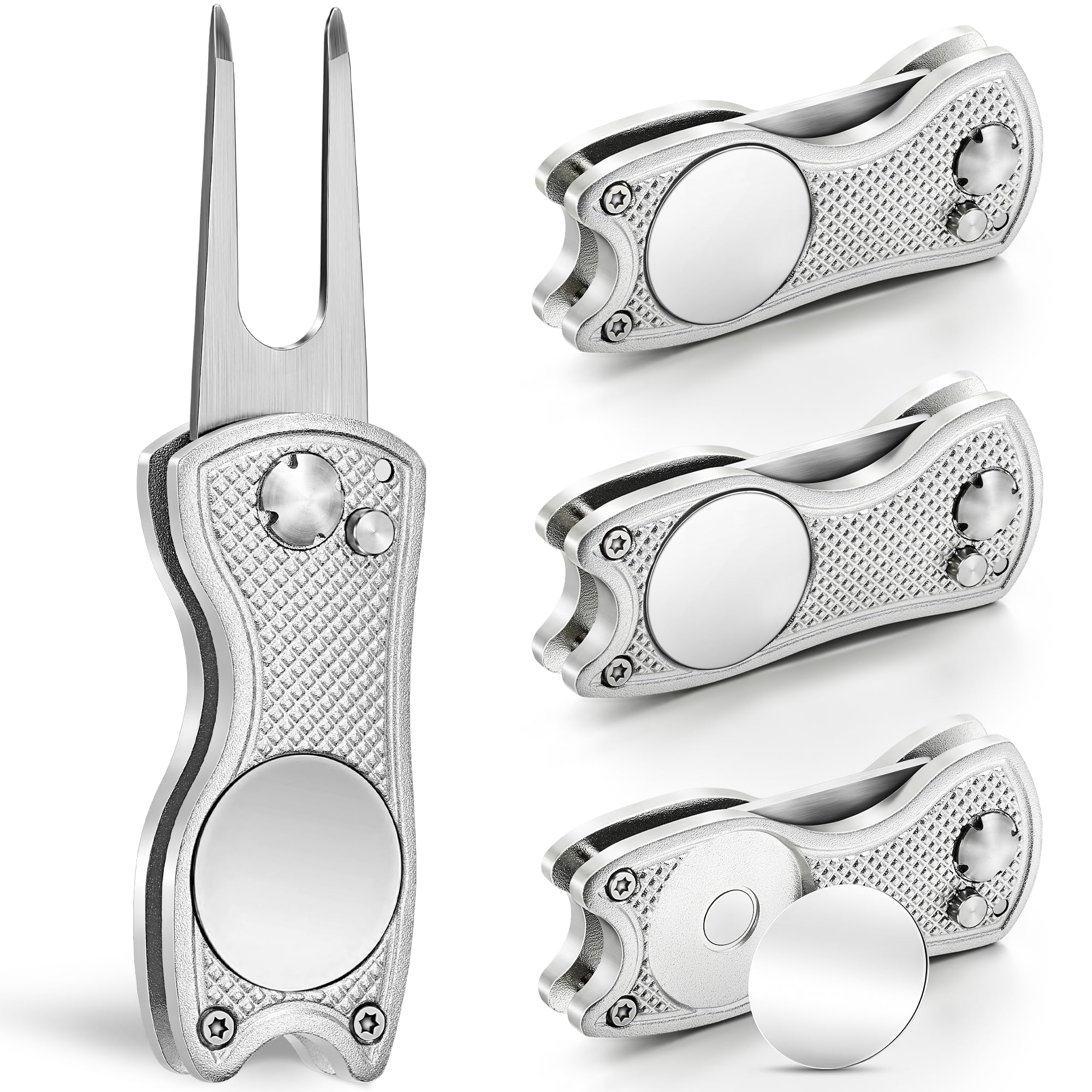 Mile High Life 4 Pack Golf Divot Repair Tool w Magnetic Golf Ball Marker | All Metal Foldable Divot Tool w Pop-up Button | Golf Accessories for Men (4 Silver Tools)