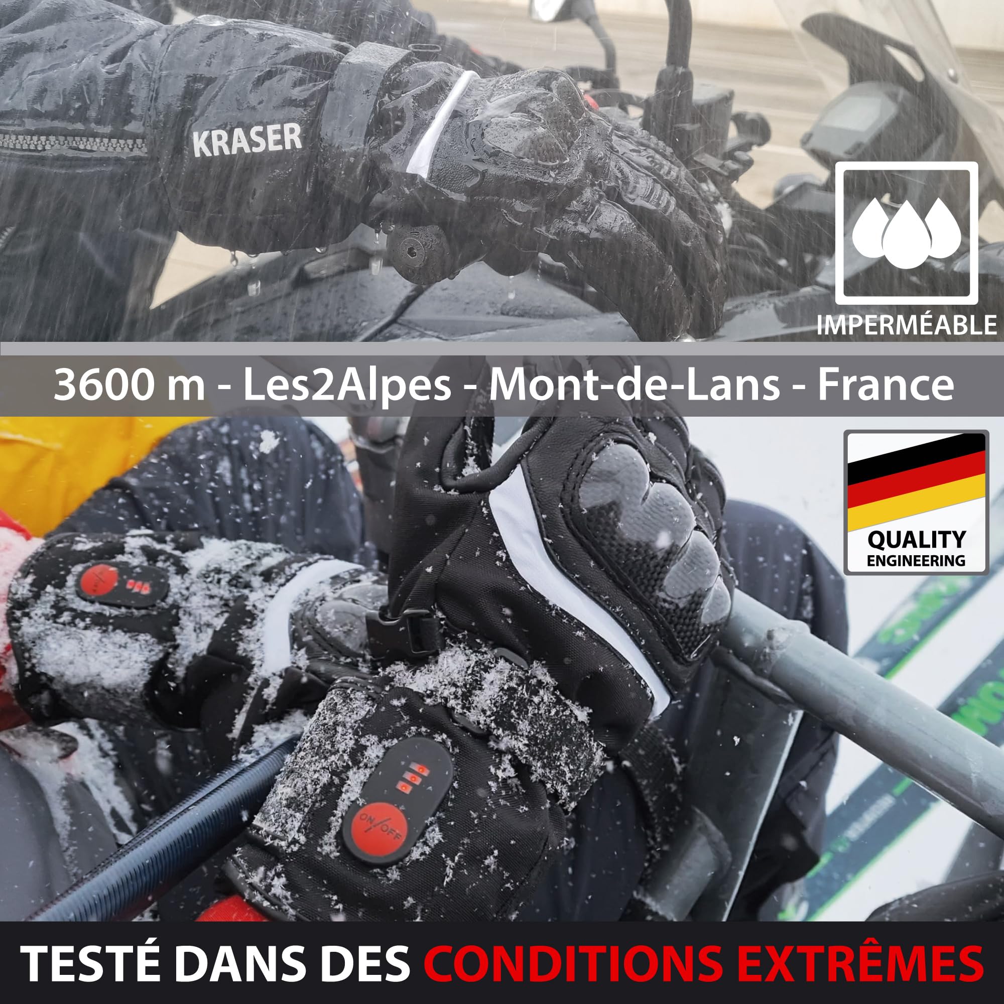 KRASER KRGS28-XXL Gants Moto Homologué Premium, Chauffants et Imperméables de Haute Qualité, Testé Extrême et Protection en Fibre de Carbone, 3 Niveaux de Chaleur, Gants Moto Hiver pour Homme et Femme