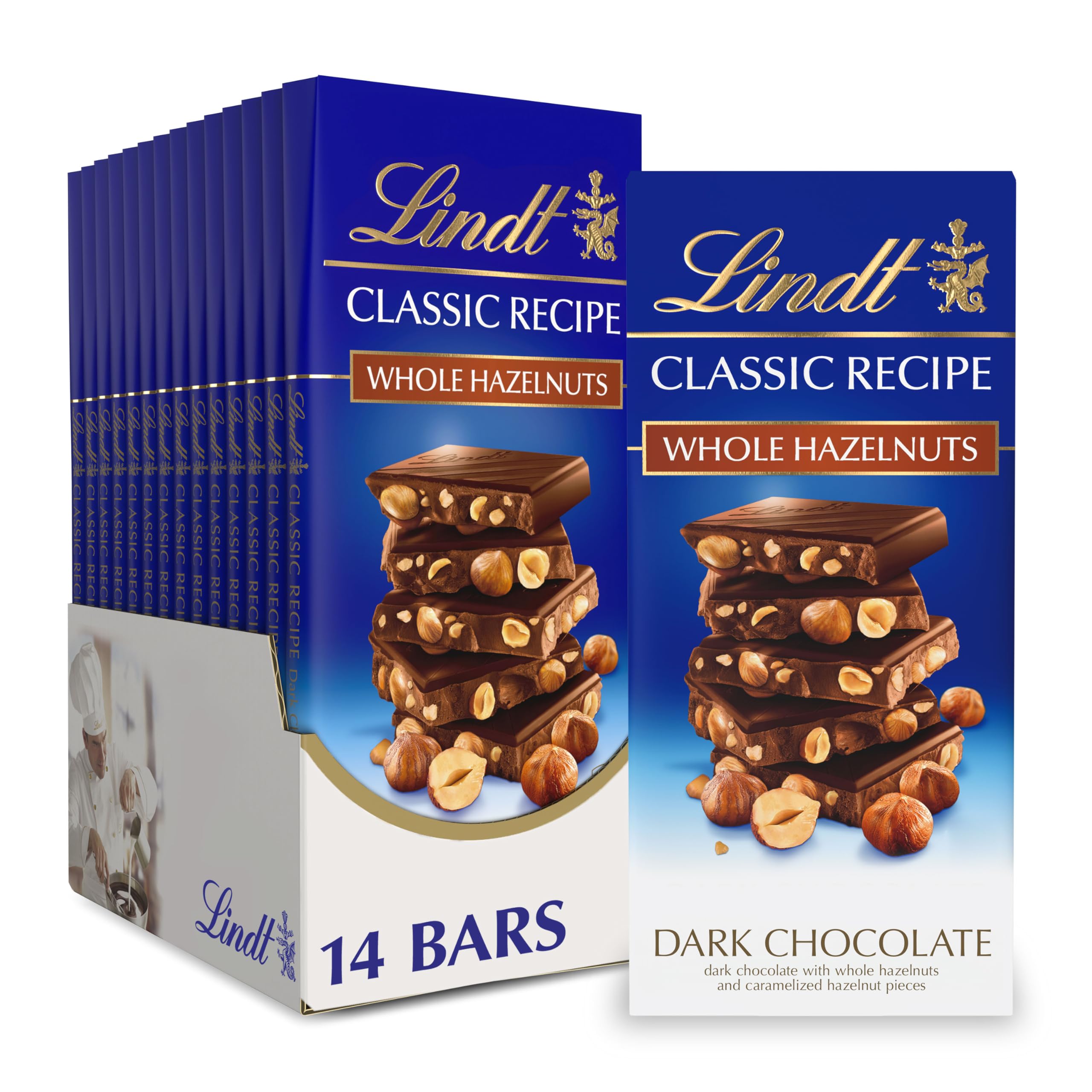 LindtCLASSIC RECIPE Whole Hazelnut Dark Chocolate Candy Bar, Dark Chocolate Candy, 5.3 oz. (14 Pack)