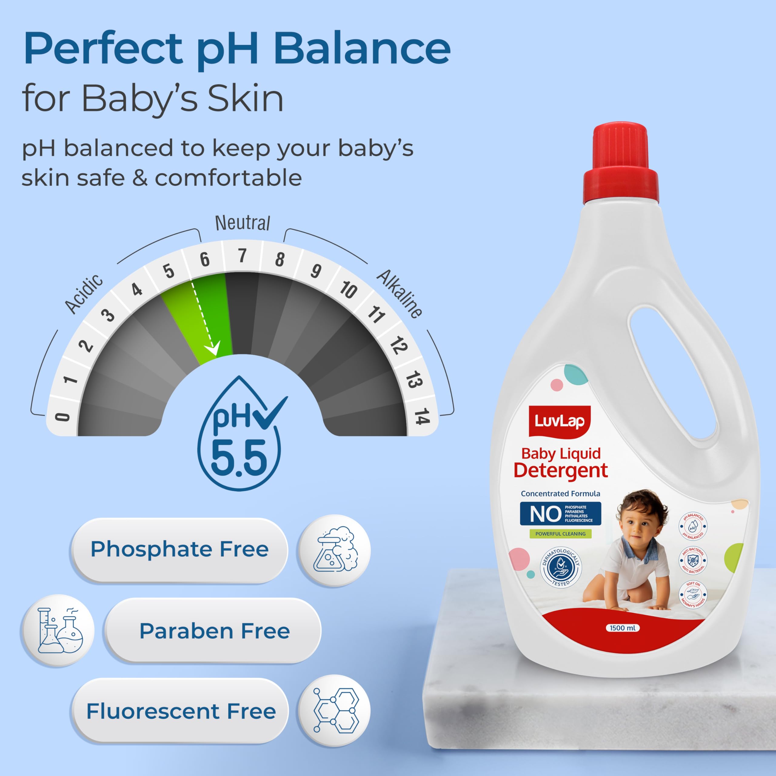 LuvLap Baby Laundry Detergent 1500ml, pH Balanced, No harsh chemicals, Safe for mommy's hands & baby's skin, Anti-Bacterial, Softens clothes & Removes Stains & Odour, Dermatologically tested Liquid 3