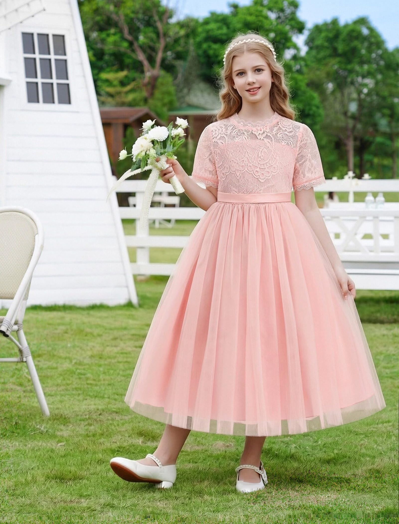 Vestido de encaje de manga corta para niñas, cuello redondo, tutú de tul, vestido de princesa, para cumpleaños, dama de honor, boda, fiesta, concurso, primera comunión, vestido de graduación