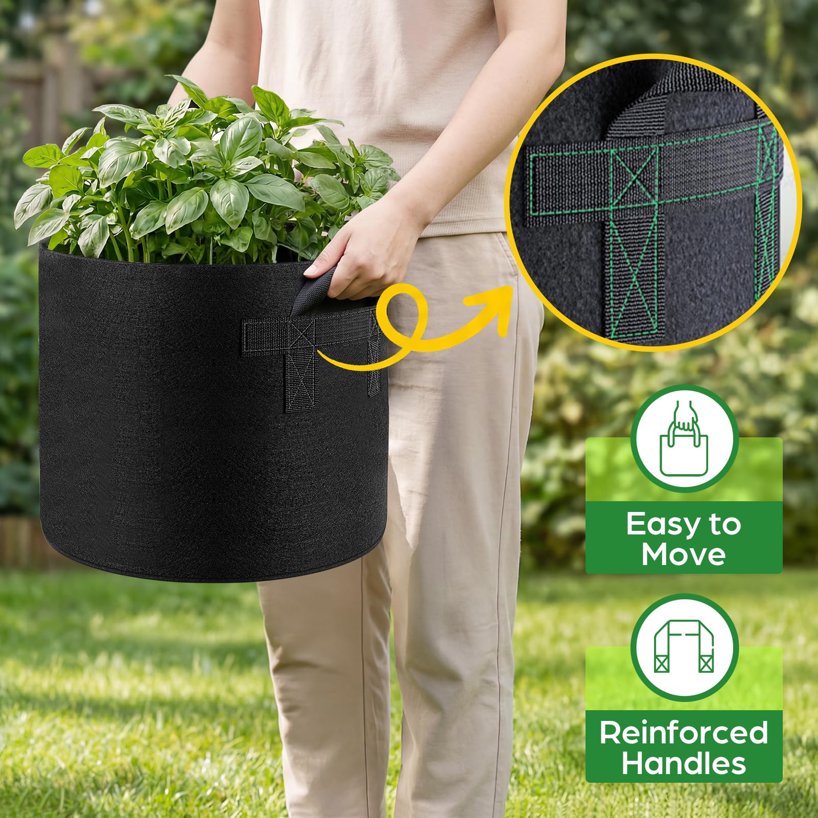 Songrey Lot de 10 sacs de culture de 50 litres en tissu non tissé épais avec poignées, pot de fleurs très résistant pour tomates, légumes et fleurs