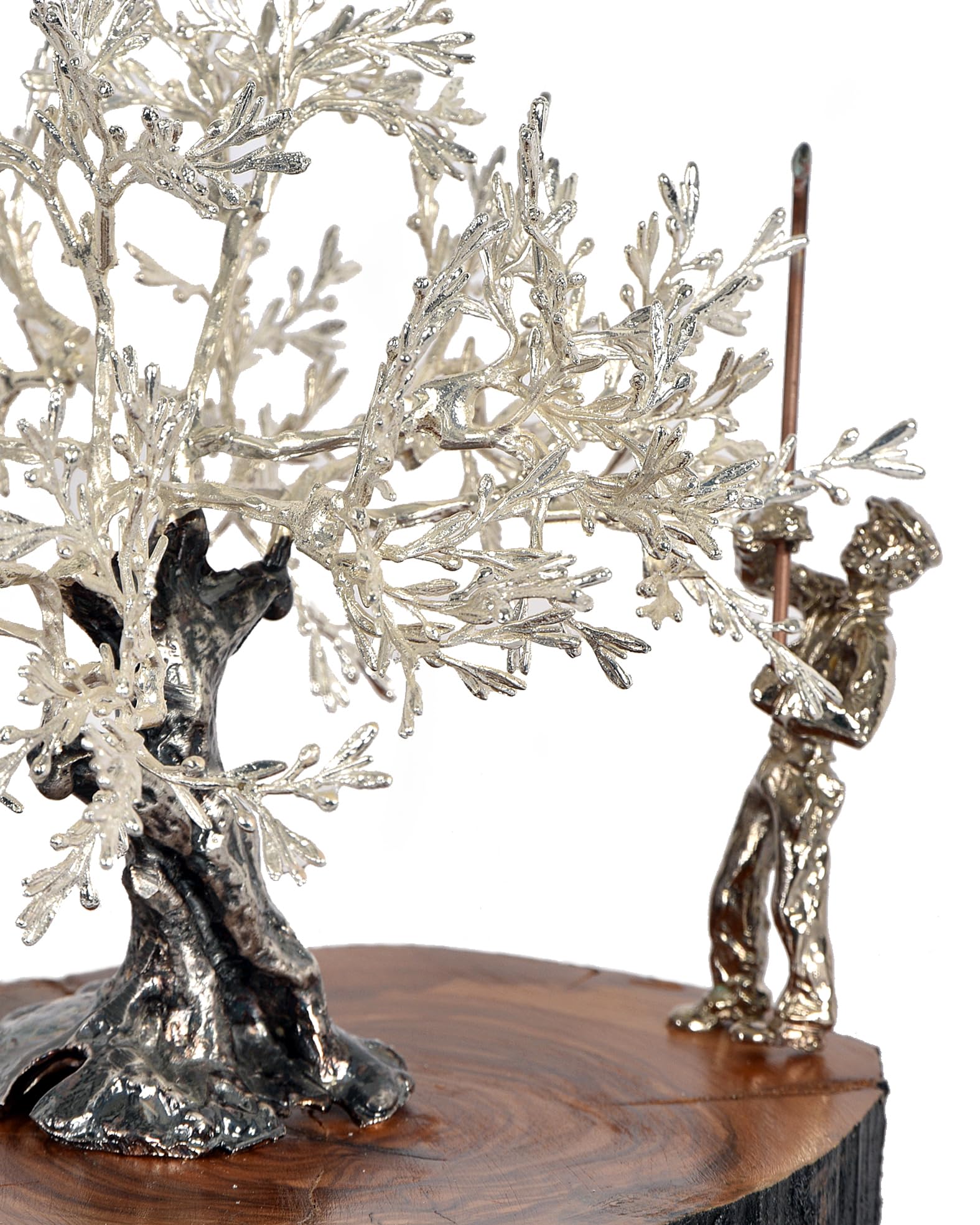 Escultura Decorativa Olivo con Vareador Artesanal en Plata sobre Madera de Olivo Centenario | Figura Decorativa para Salón y Despacho | Regalo Original para Boda, Jubilación y Navidad | 17x18 cm