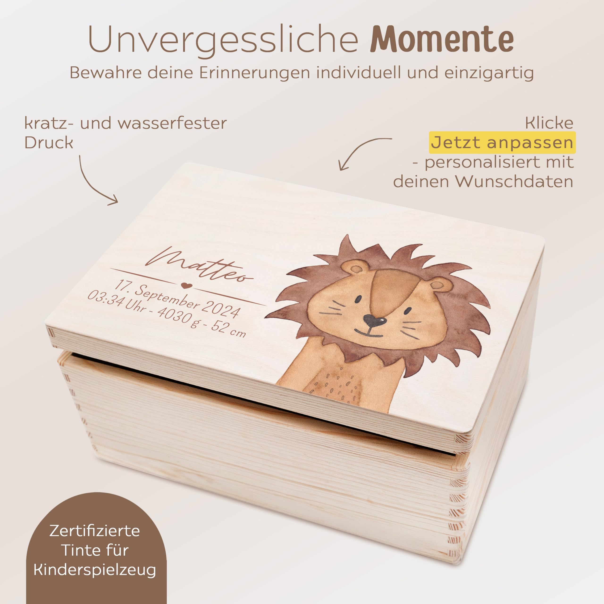 wunderwunsch - Personalisierte Erinnerungskiste Baby mit Spezial-Druck - Baby Erinnerungsbox - Erinnerungskisten aus Holz - Geschenk zur Geburt (Löwe, M flach-Klappdeckel)