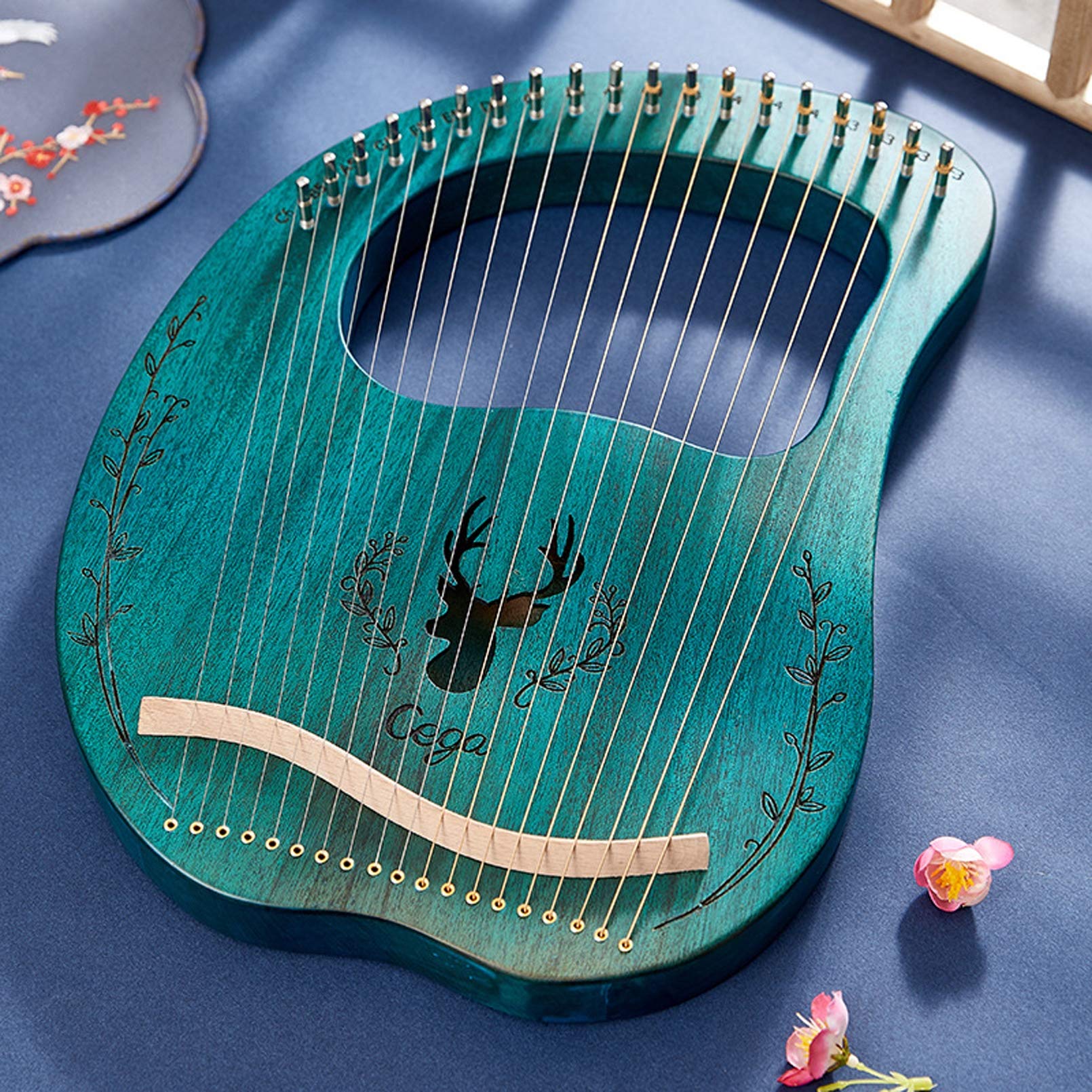 Harfe Kleine Leierharfe 19 Saiten Metall Saiten Mahagoni Saiteninstrument Mit Stimmschlüssel Und Tragetasche Für Musikliebhaber Anfänger, Grün