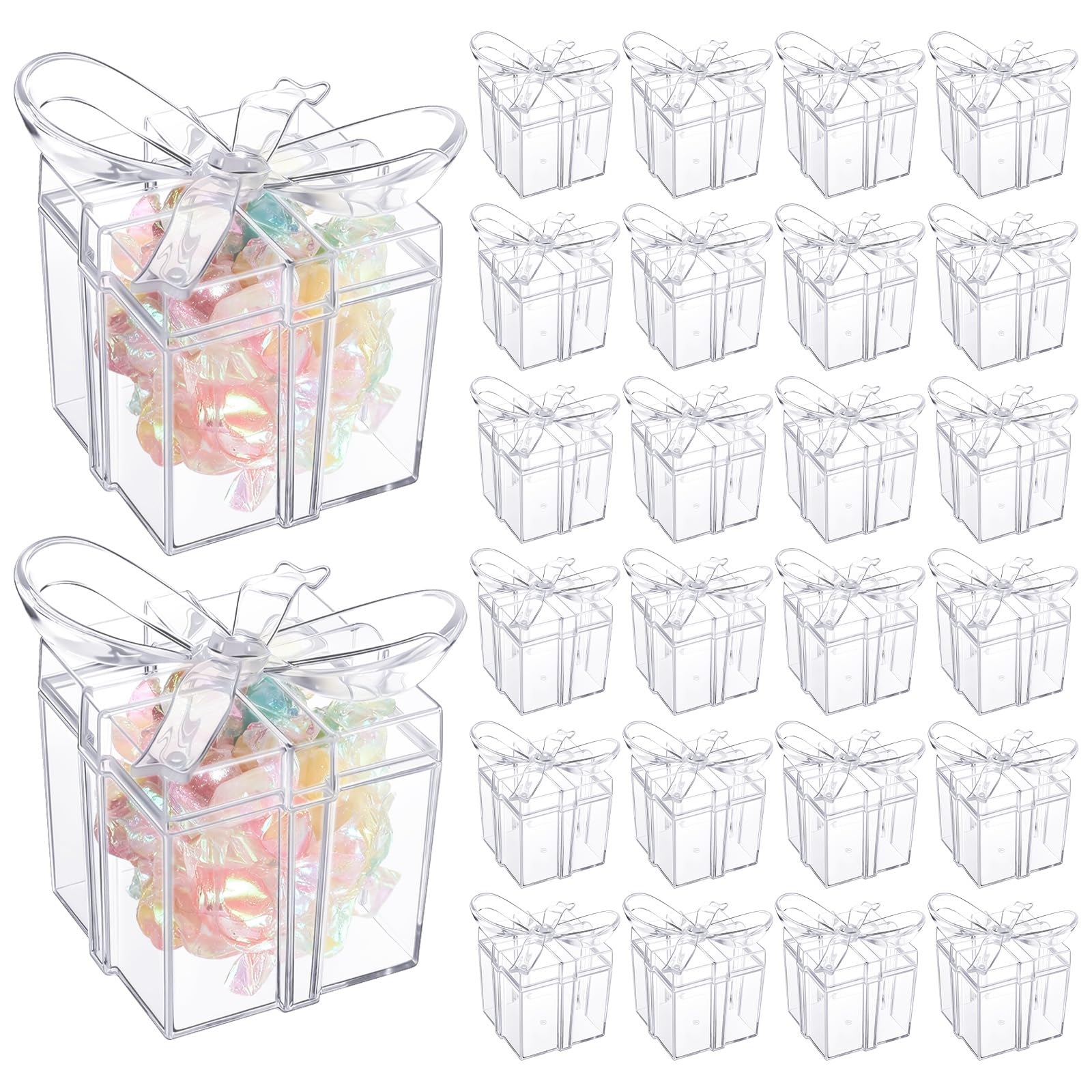 Potchen 24 Pack Clear Gift Boxes with Bow 2 x 2 x 2.3 Inch Clear Favor Boxes Plastic Small Candy Treat Goodie Containers for Wedding Christmas Baby Shower Birthday Party Decoration Supplies