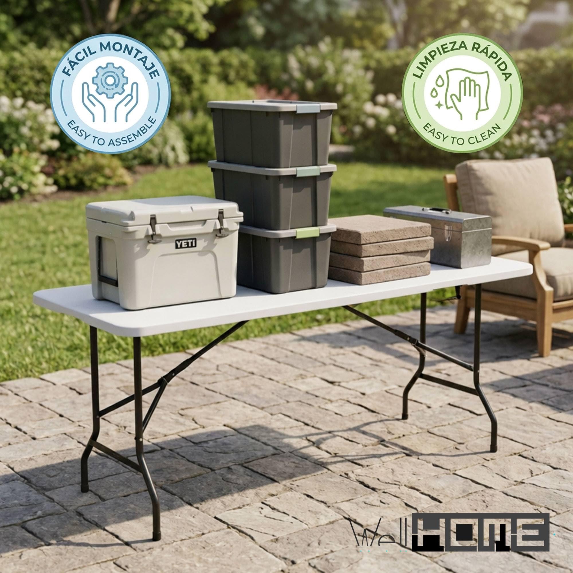 Well Home Mesa Plegable 180x68x74cm PE Blanco, Estructura metálica Negro Mate, Grosor 32mm