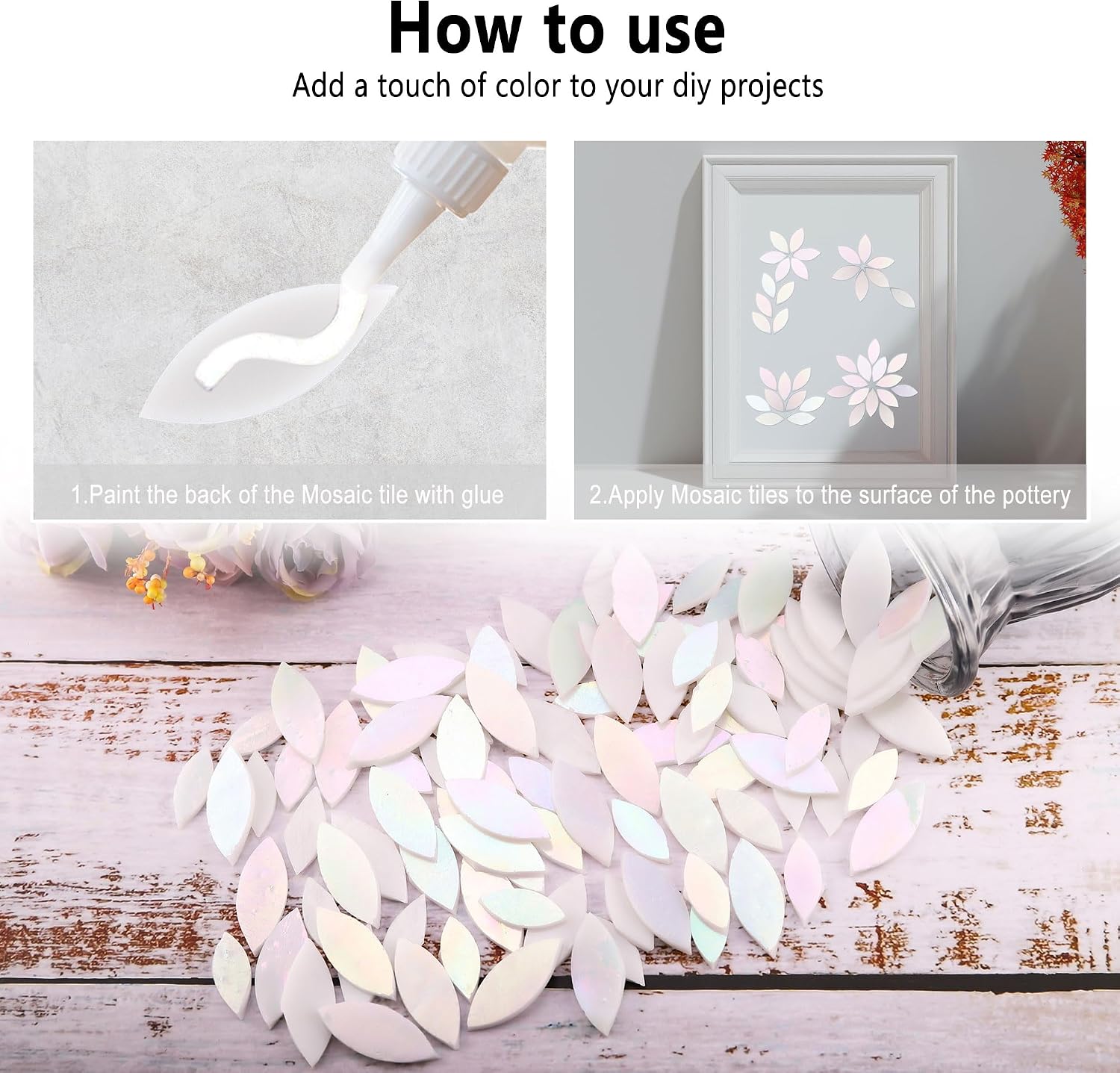 Yoption 100 Pieces Iridescent Glass Petal Mosaic Tiles, Hand-Cut White Stained Glass Flower Leaf Mosaic Tiles for Crafts and Home Decorations (Iridescent White)