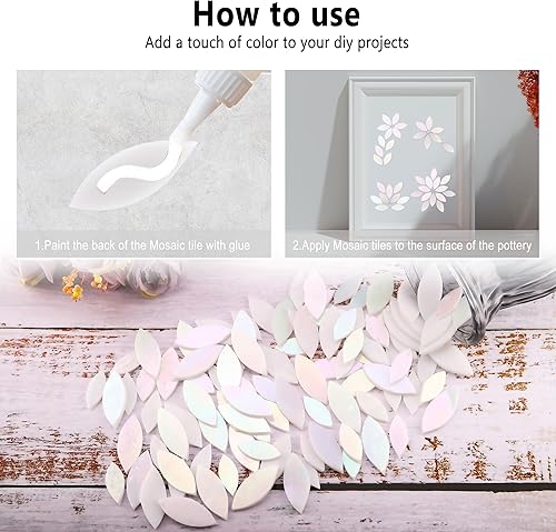 Miniatura 6 de Yoption 100 azulejos de mosaico de pétalos de vidrio iridiscente, cortados a mano, azulejos de mosaico de hojas de flores blancas para manualidades