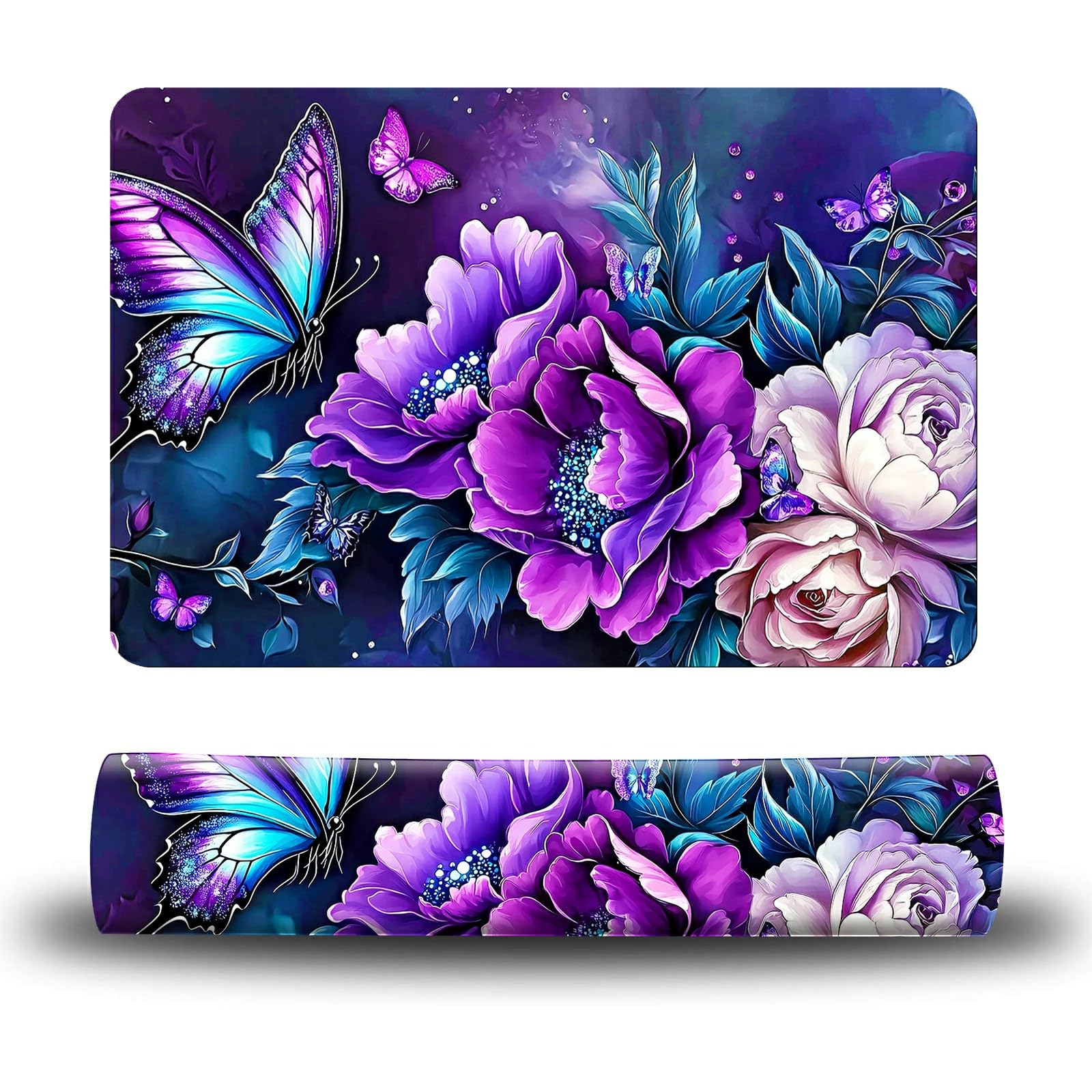 Dikoer Dog Food Mat, 19.6" x 23.6" Absorbent Pet Feeding Mat for Food and Water, Waterproof Diatom Mud Pet Placemat with Non-Slip Rubber Backing, Cat Bowl Mat for Floors - Purple Butterfly Peony