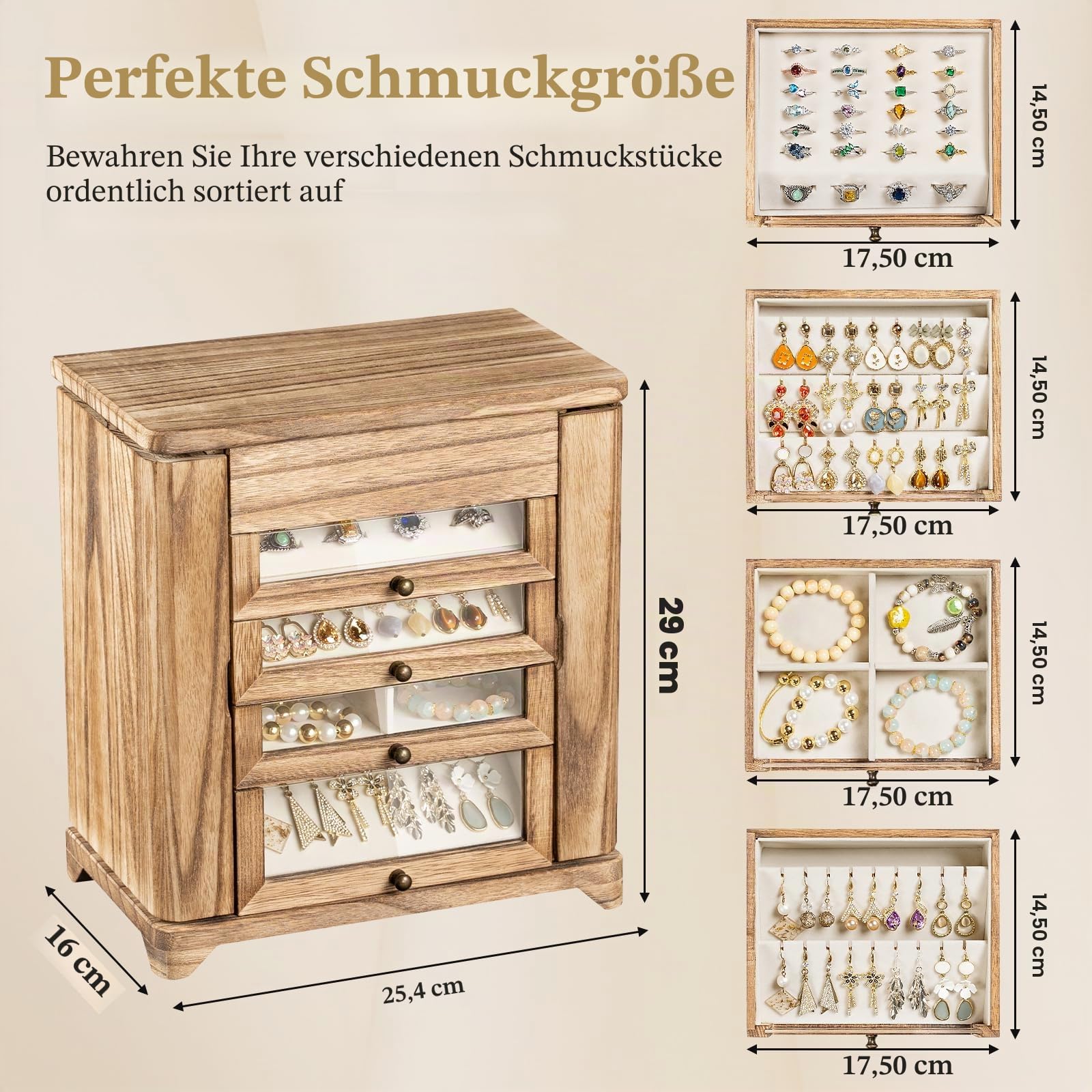 Große Schmuckschatulle und Organizer für Damen,für Halsketten Ohrringe Armbänder Ringe, 4 Ebenen Schmuck Organizer Schmuckbox mit Schubladen und Spiegel (Braun)