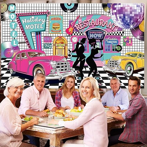 Miniatura 3 de Blulu Telón de fondo de fotos de los años 50, decoración de fiesta temática de rock and roll de los años 50, pancarta de fiesta con música para