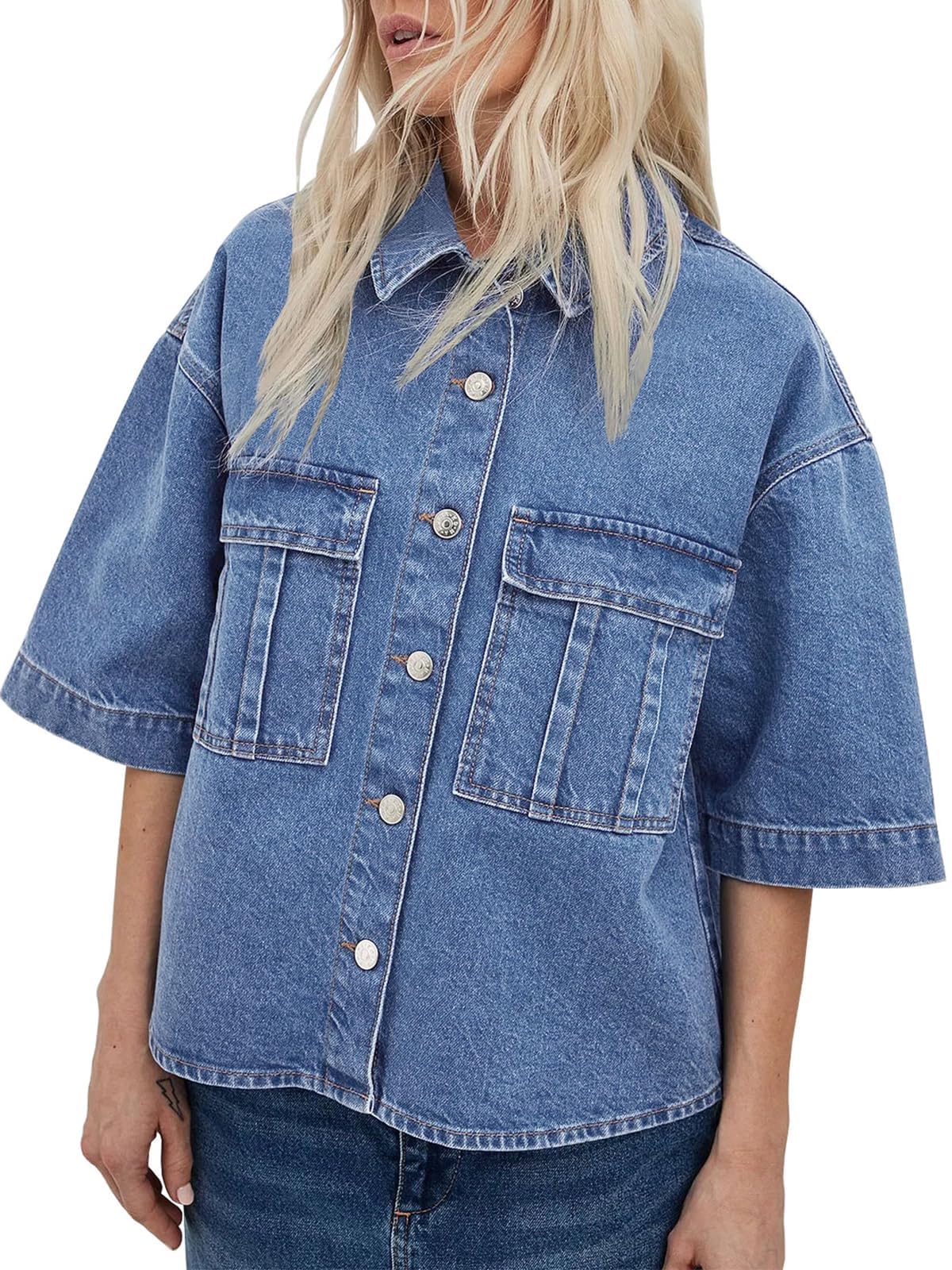 Imily Bela Womens Oversized Short Sleeve Denim Jackets Trendy Cropped Jean Tops Shackets