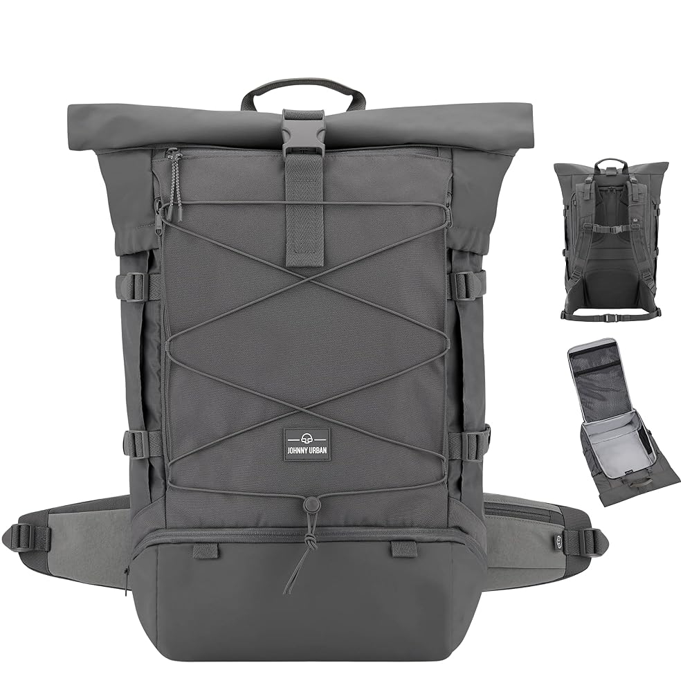 Ofertas Flash Del Dia JOHNNY URBAN Mochila De Hombre Y Mujer Gris - Robin Large - Mochilas Solapa Enrollable Superior De Calidad - Morral Uso Diario De 18-22 Litros - Bolsillo Para