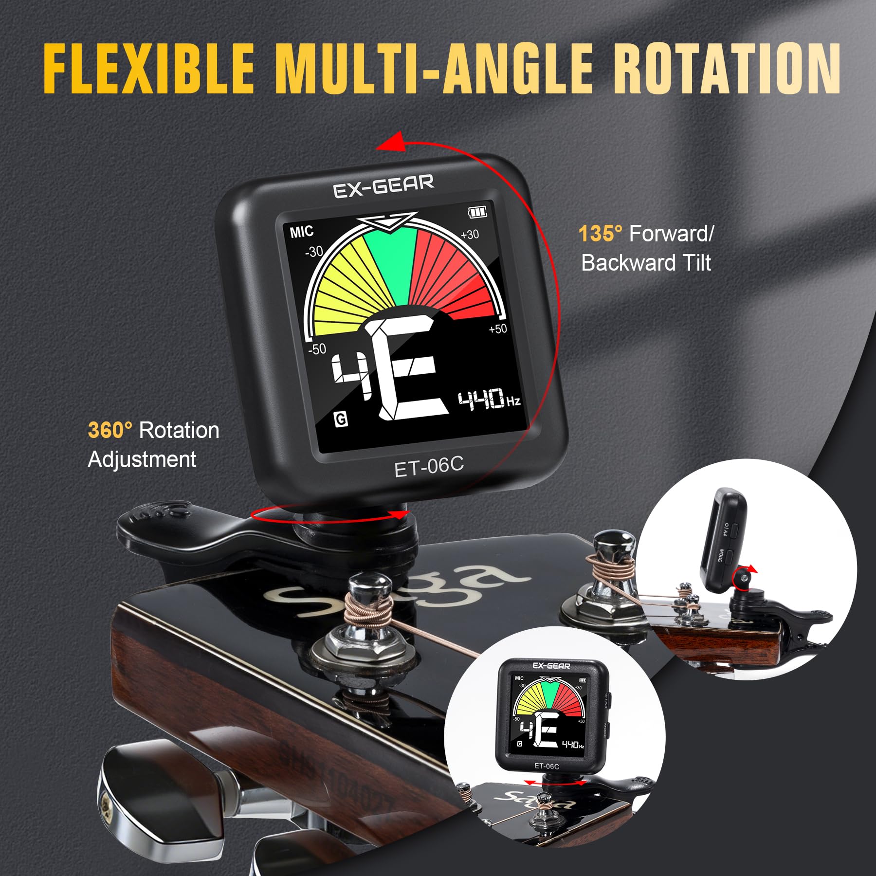 Afinador de guitarra profesional con clip, giratorio de 360° recargable, afinador de guitarra acústica con pantalla LCD grande, afinación rápida y precisa para guitarra, violín, bajo, ukelele