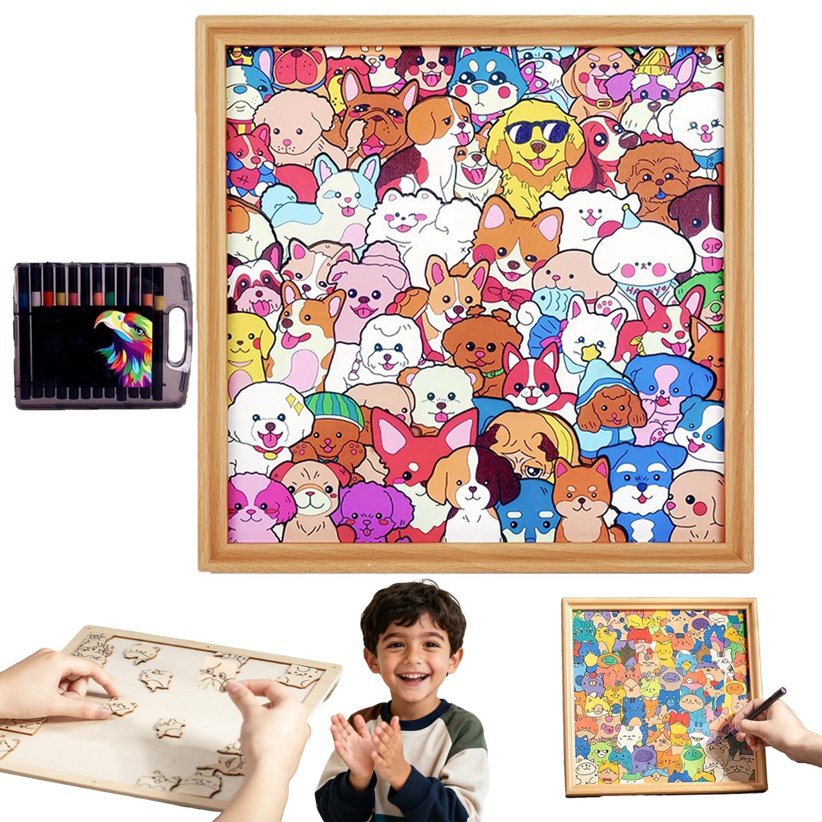 Wooden Coloring Puzzle, DIY Wooden Cat Puzzle Frame, Paintable Creative Handmade Photo Frame, Cat Puzzles Decor for Home Decoration Craft Lover (Dogs-12 Colors)